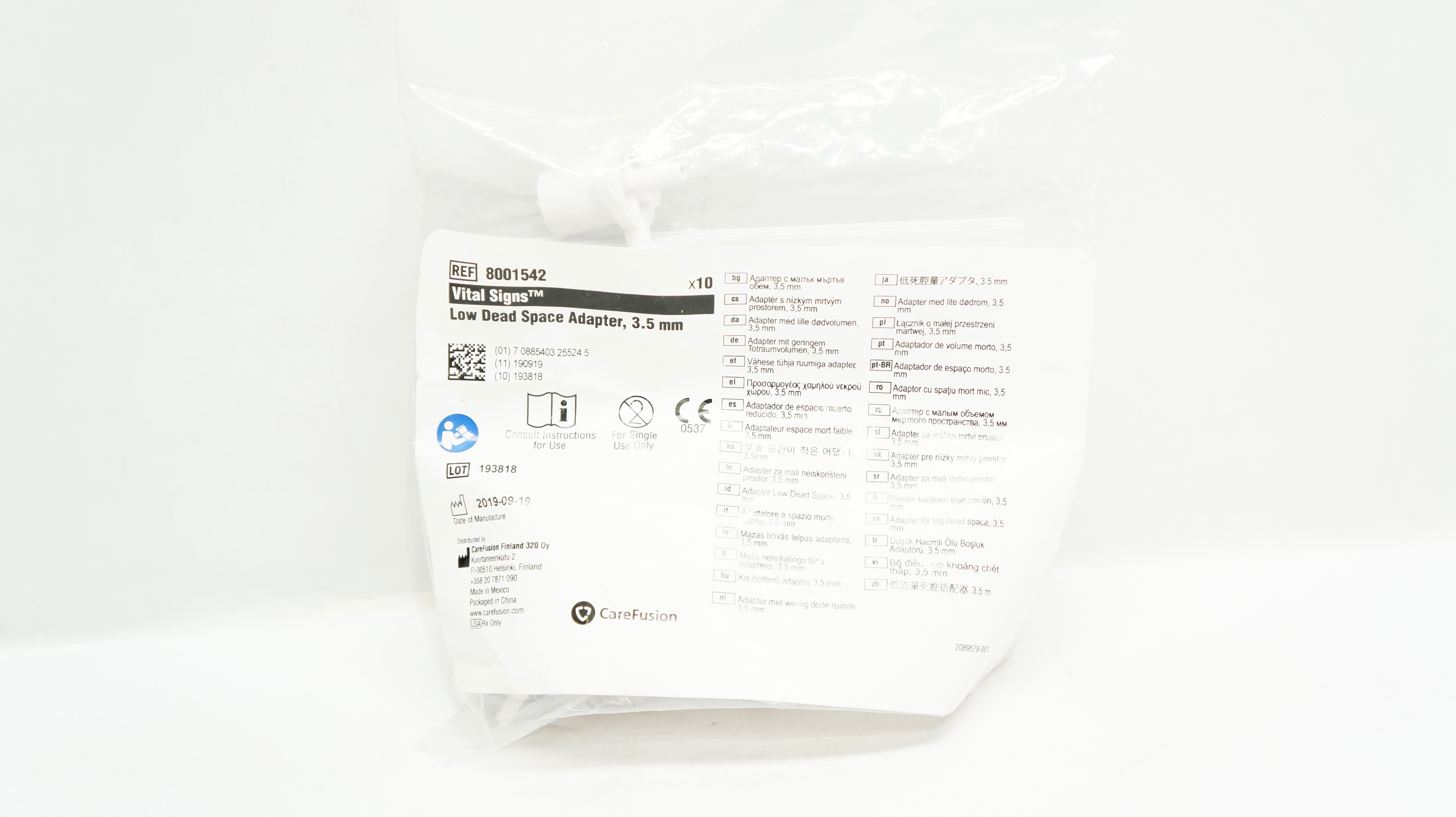 CareFusion 8001542 Vital Signs Low Dead Space Adapter, 3.5mm Pack of 10