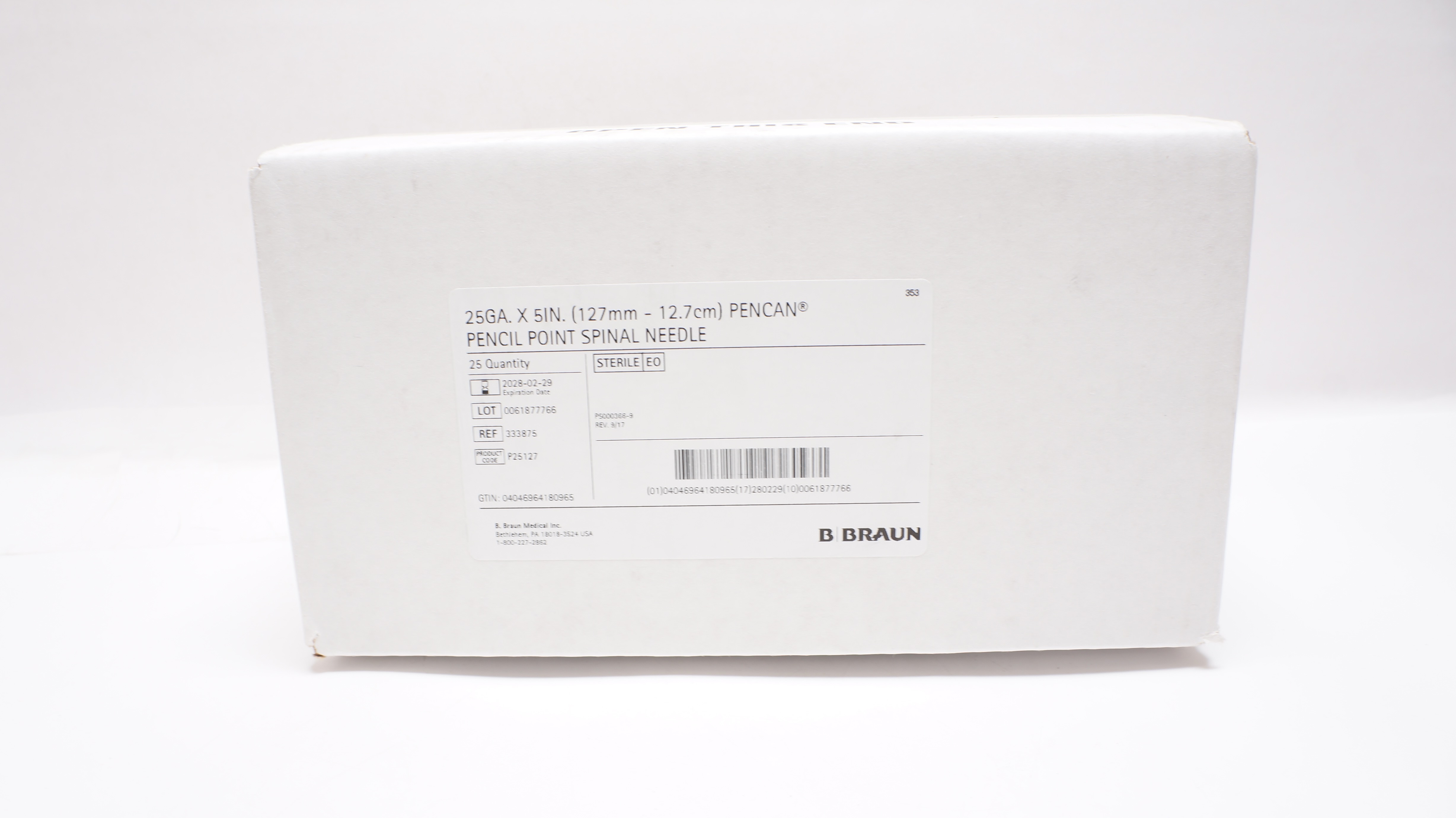 Braun 333875 PENCAN Pencil Point Spinal Ndle 25Ga. x 5inch - Box of 25