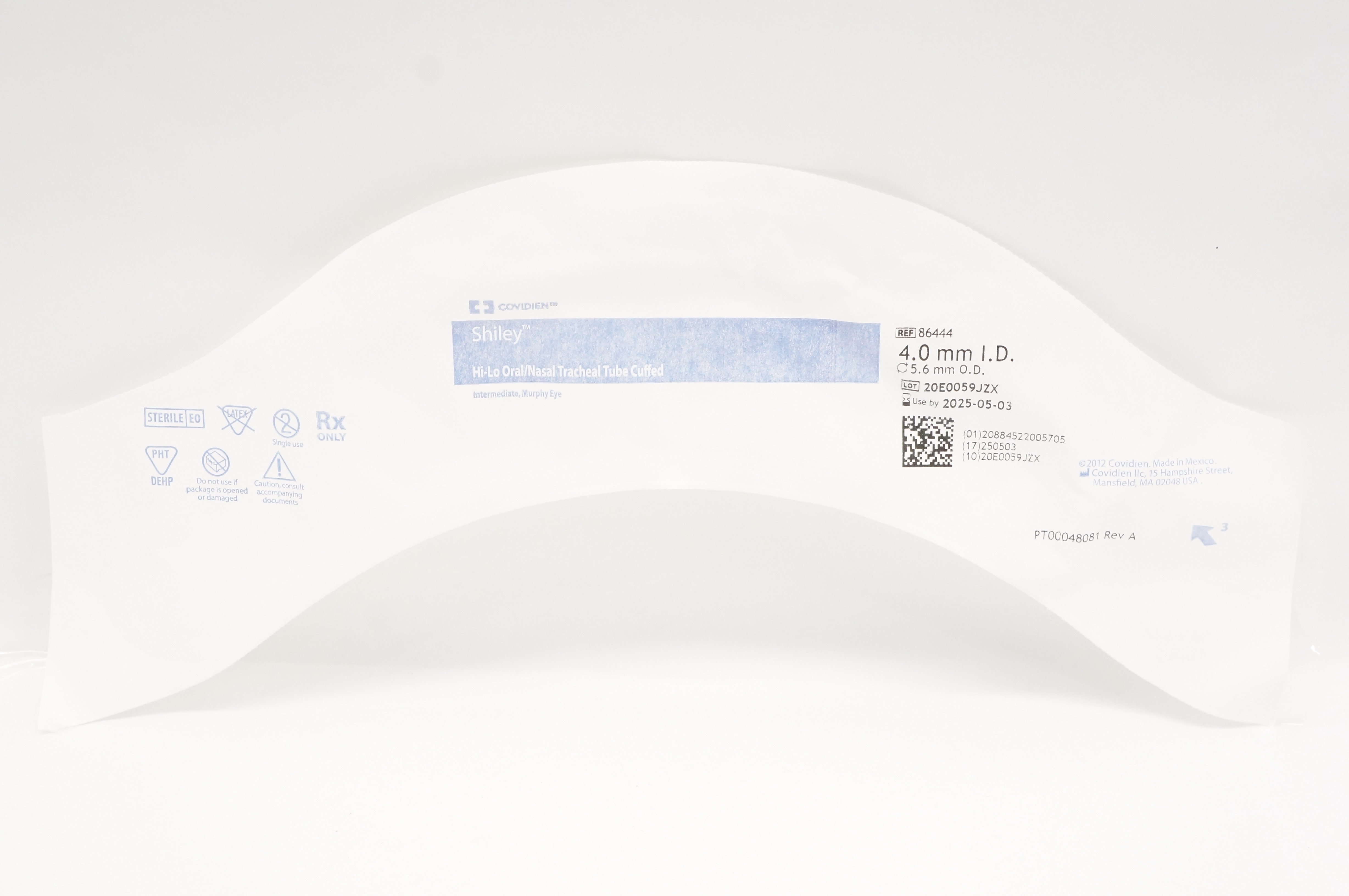 Covidien 86444 Shiley Hi-Lo Oral/Nasal Tracheal Tube Cuffed 4.0mm ID x 5.6mm OD