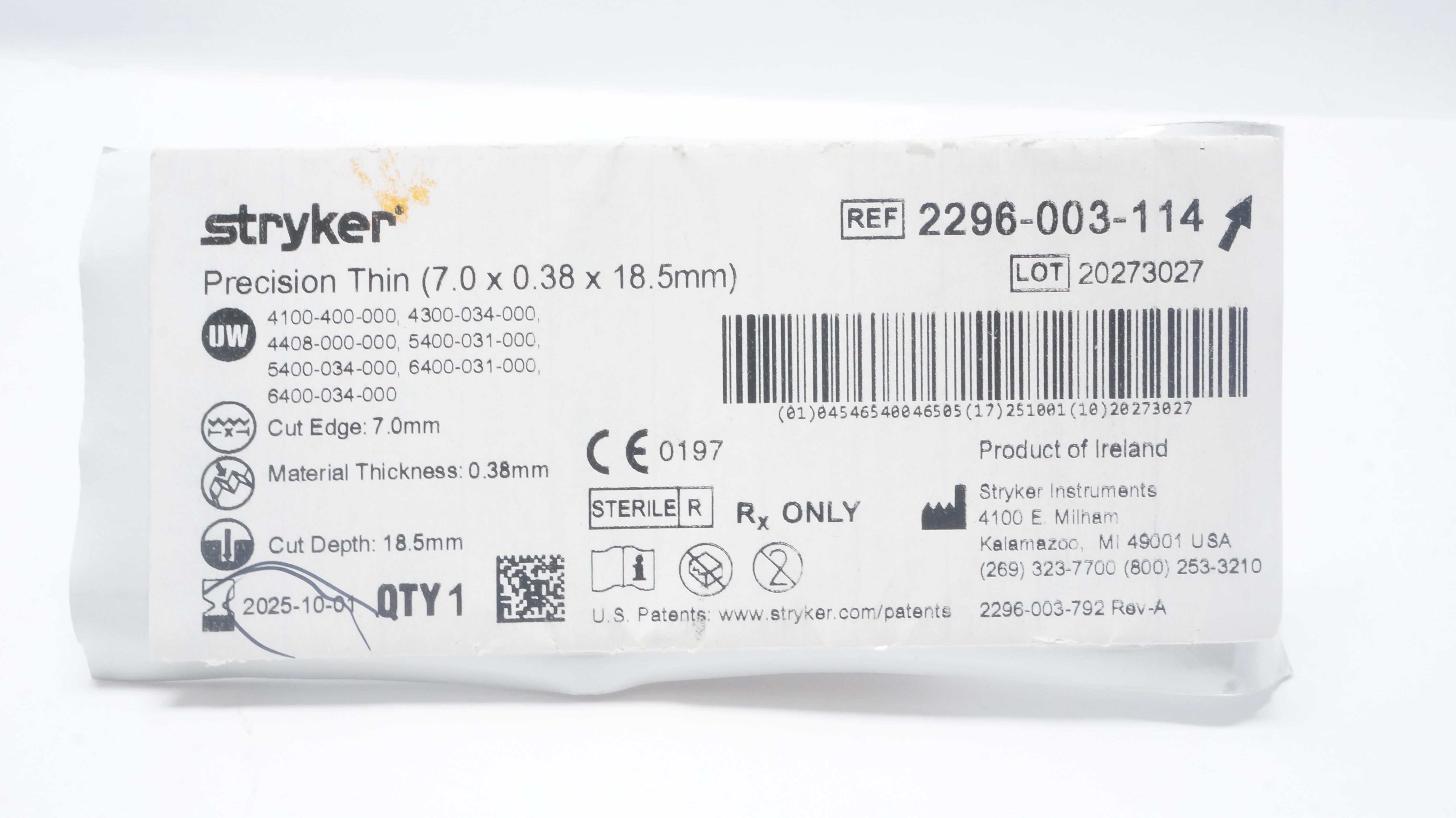 Stryker 2296-003-114 Precision Thin Blade 7.0mm x 0.38mm x 18.5mm