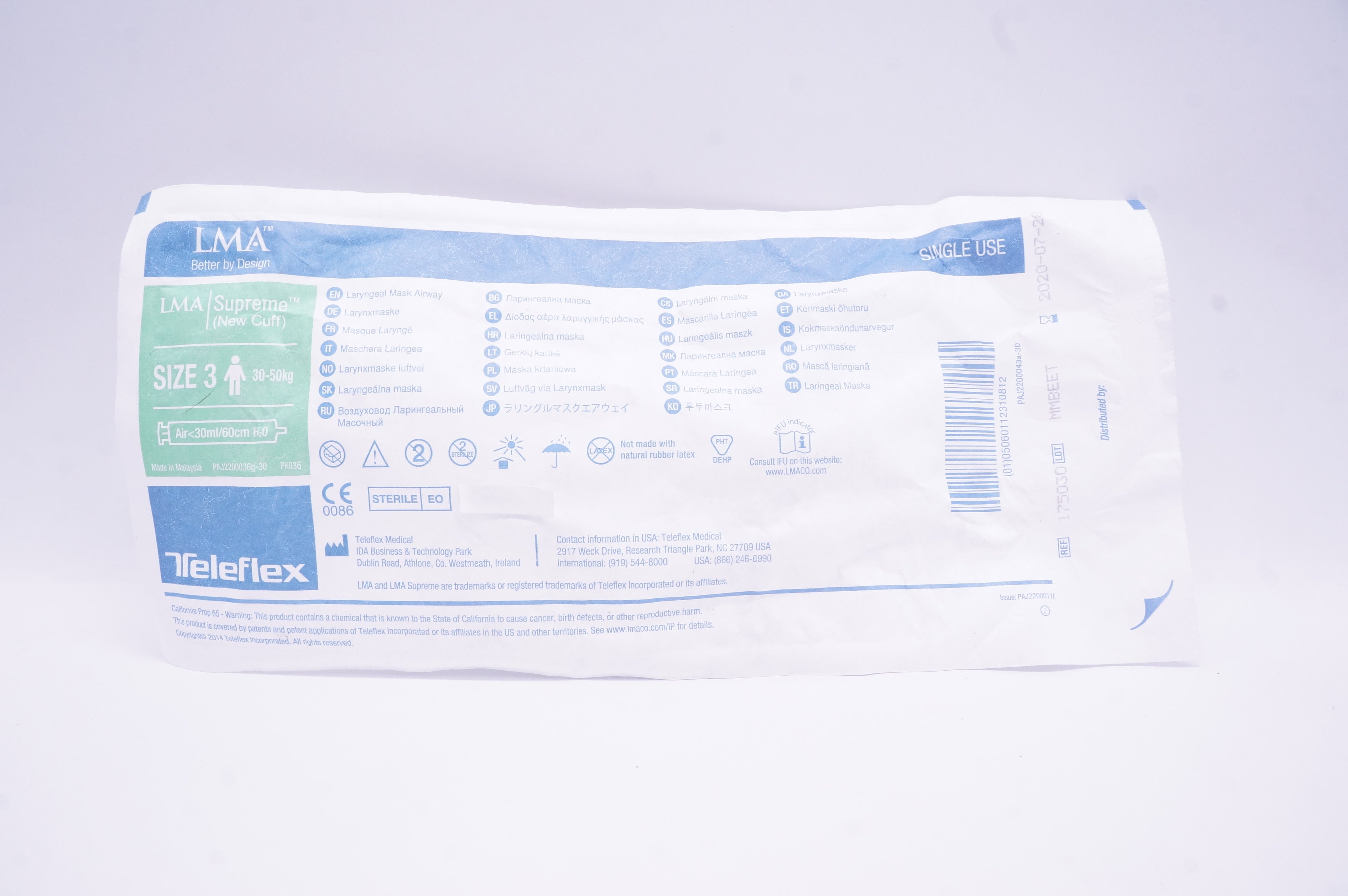 Teleflex 175030 LMA Supreme Laryngeal Mask Airway Size 3, 30-50kg (x)