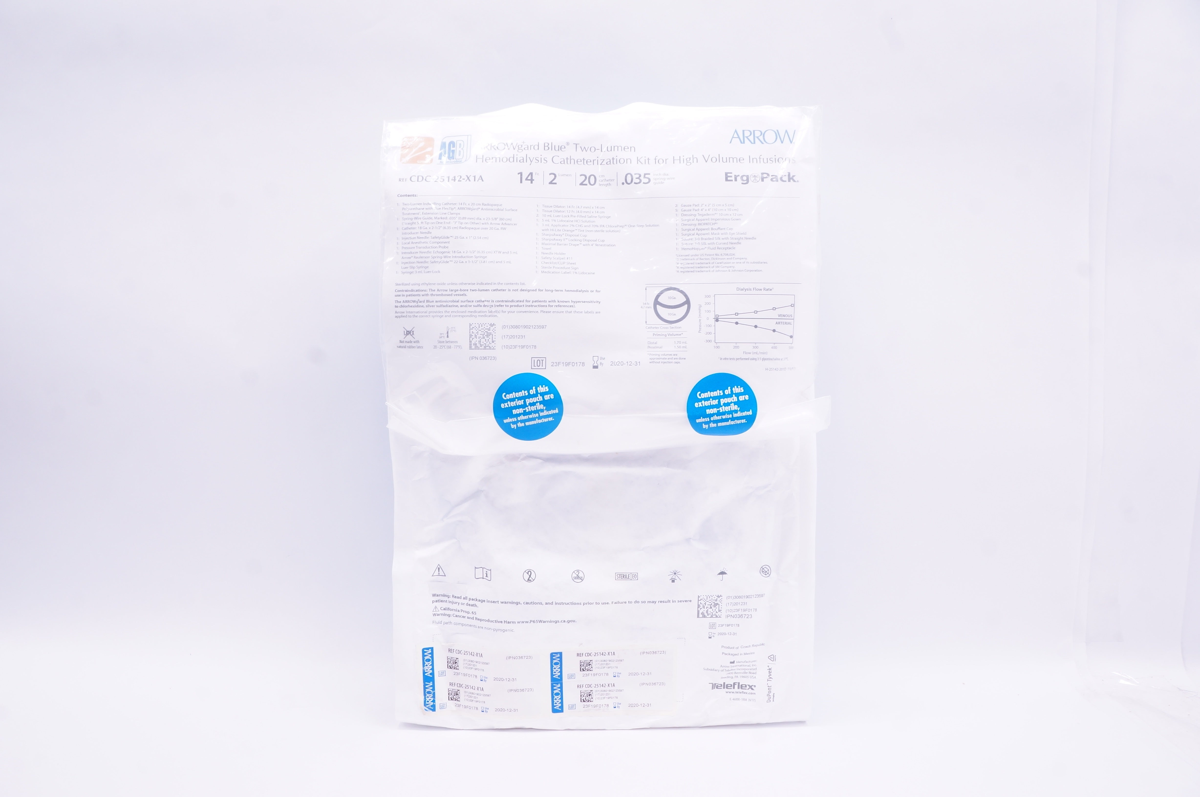 Arrow CDC-25142-X1A Two-Lumen Hemodialysis Cath. Kit 14Fr x 20cm (x)
