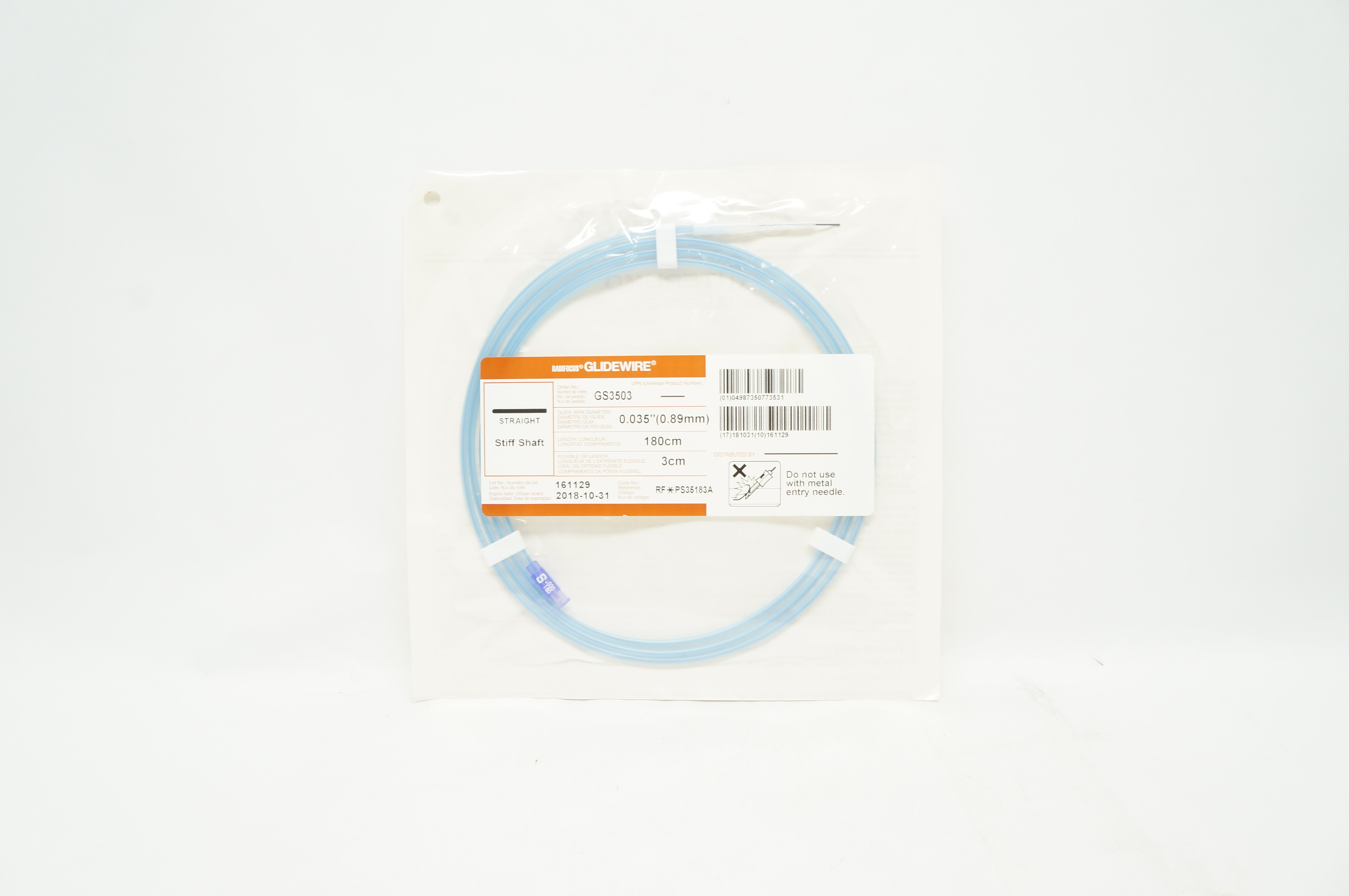 Terumo GS3503 Radiofocus Glidewire Straight Stiff Shaft 0.035in x 180cm x 3cm(x)