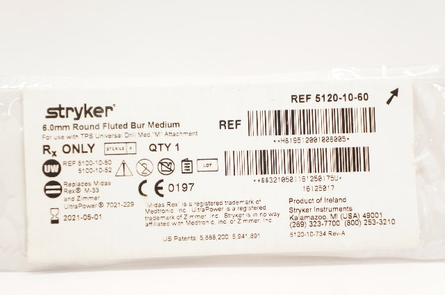 Stryker 5120-10-60 Round Fluted Bur, Medium 6.0mm (x)