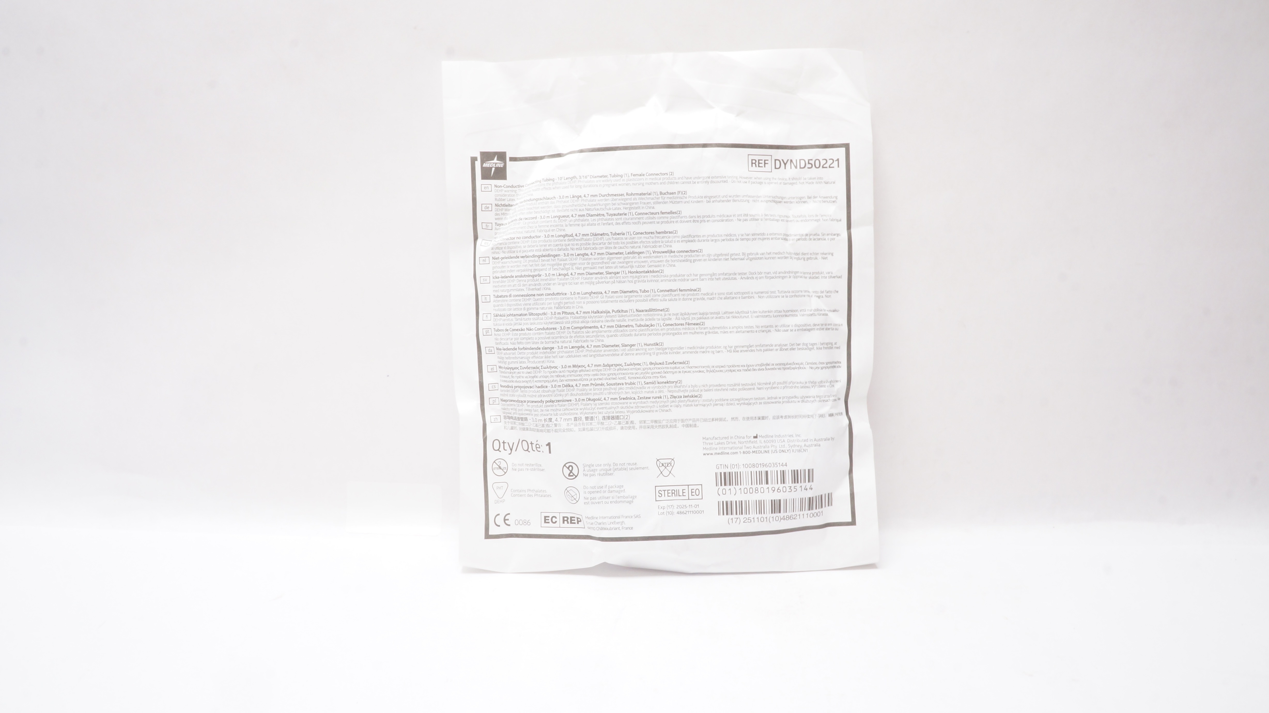Medline DYND50221 Non-Conductive Connecting Tubing 10Ft Length Diam 3/16inch