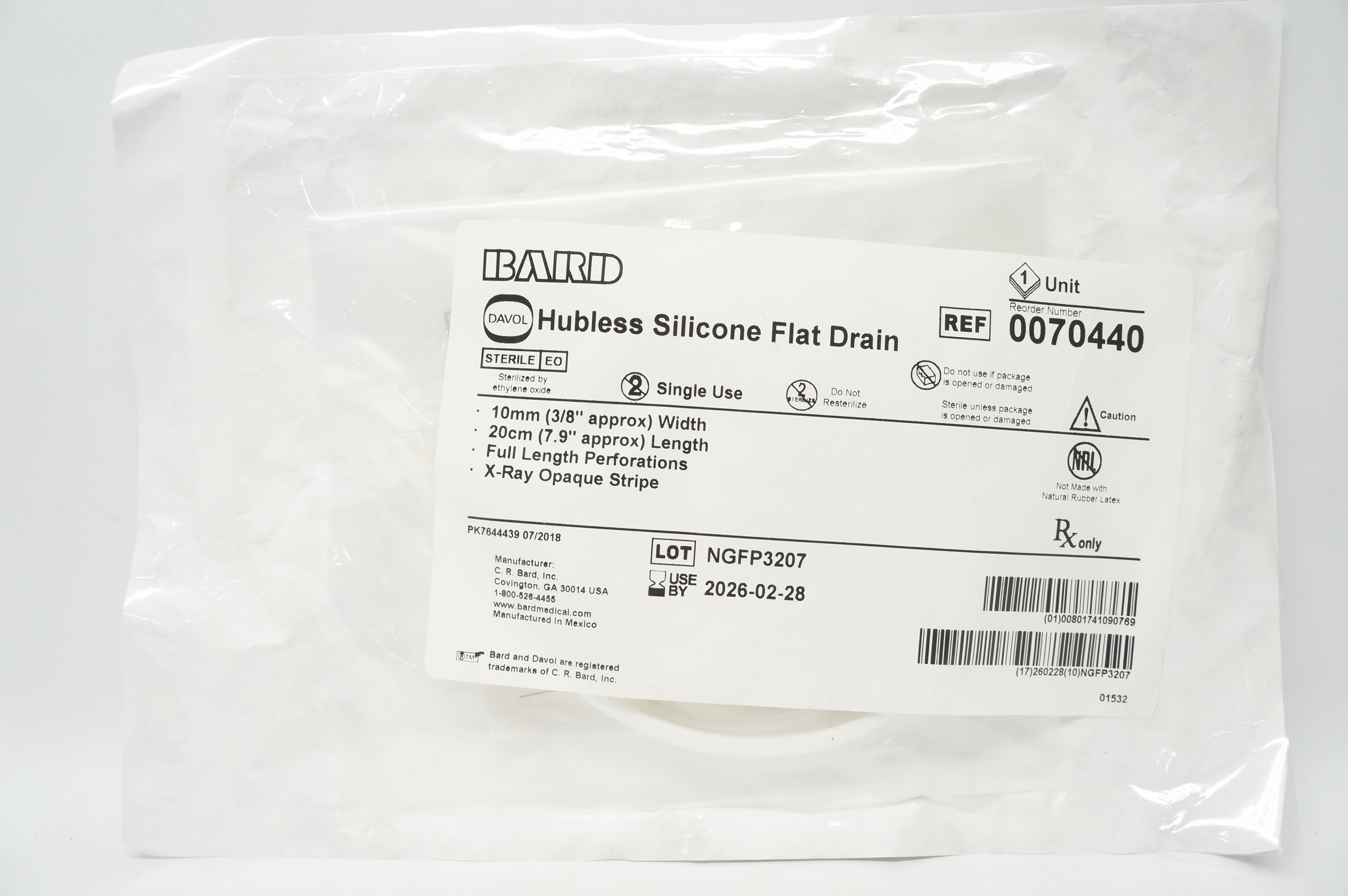 Bard 0070440 Davol Hubless Silicone Flat Drain 3/8 inch x 7.9 inch Approx.