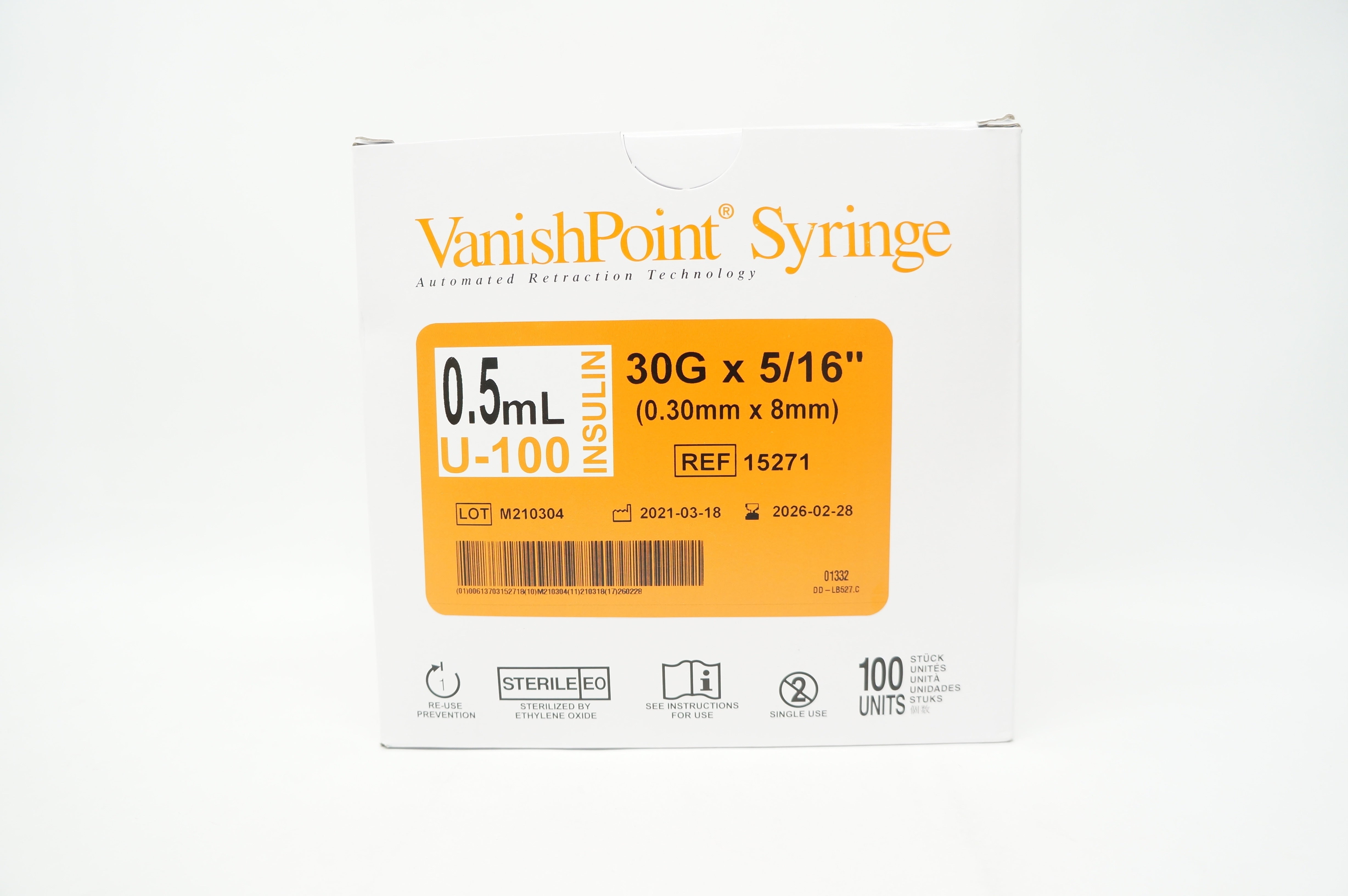 Retractable 15271 VanishPoint Insulin Syringe U-100 0.5ml 30Gx5/1in ...