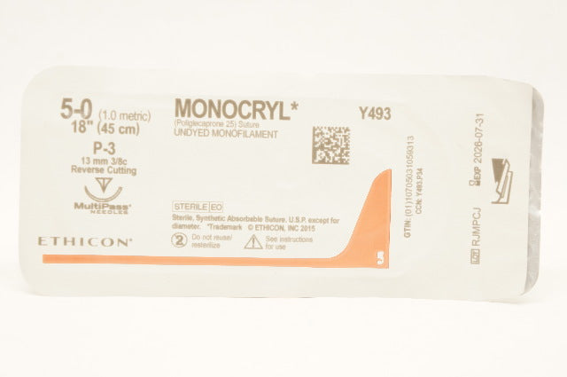 Ethicon Y493 5-0 MONOCRYL Undyed Monofilament Stre P-3 13mm 3/8c Reverse Cutting18in.