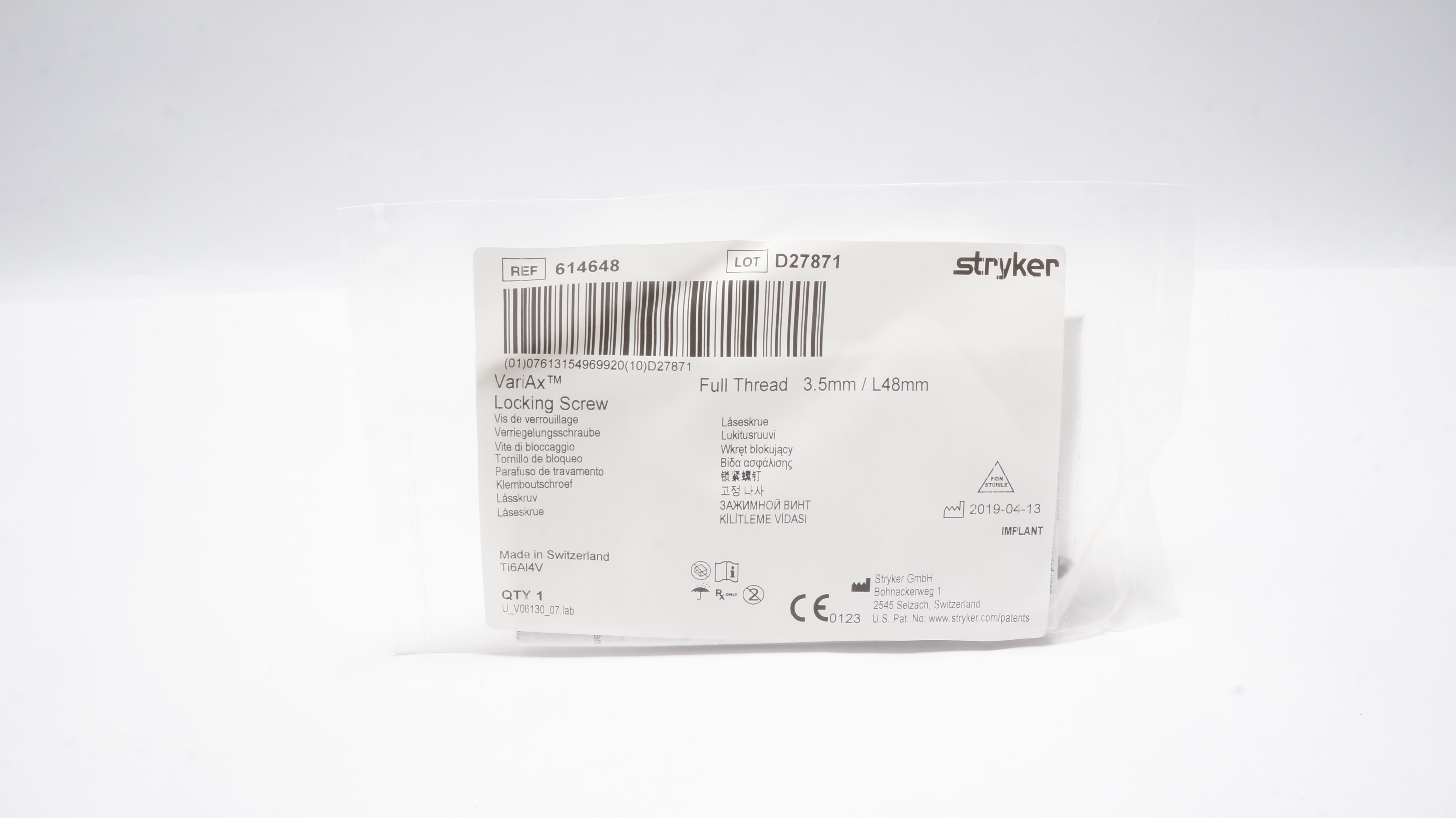 Stryker 614648 VariAx Locking Screw , Full Thread 3.5mm/ L48mm