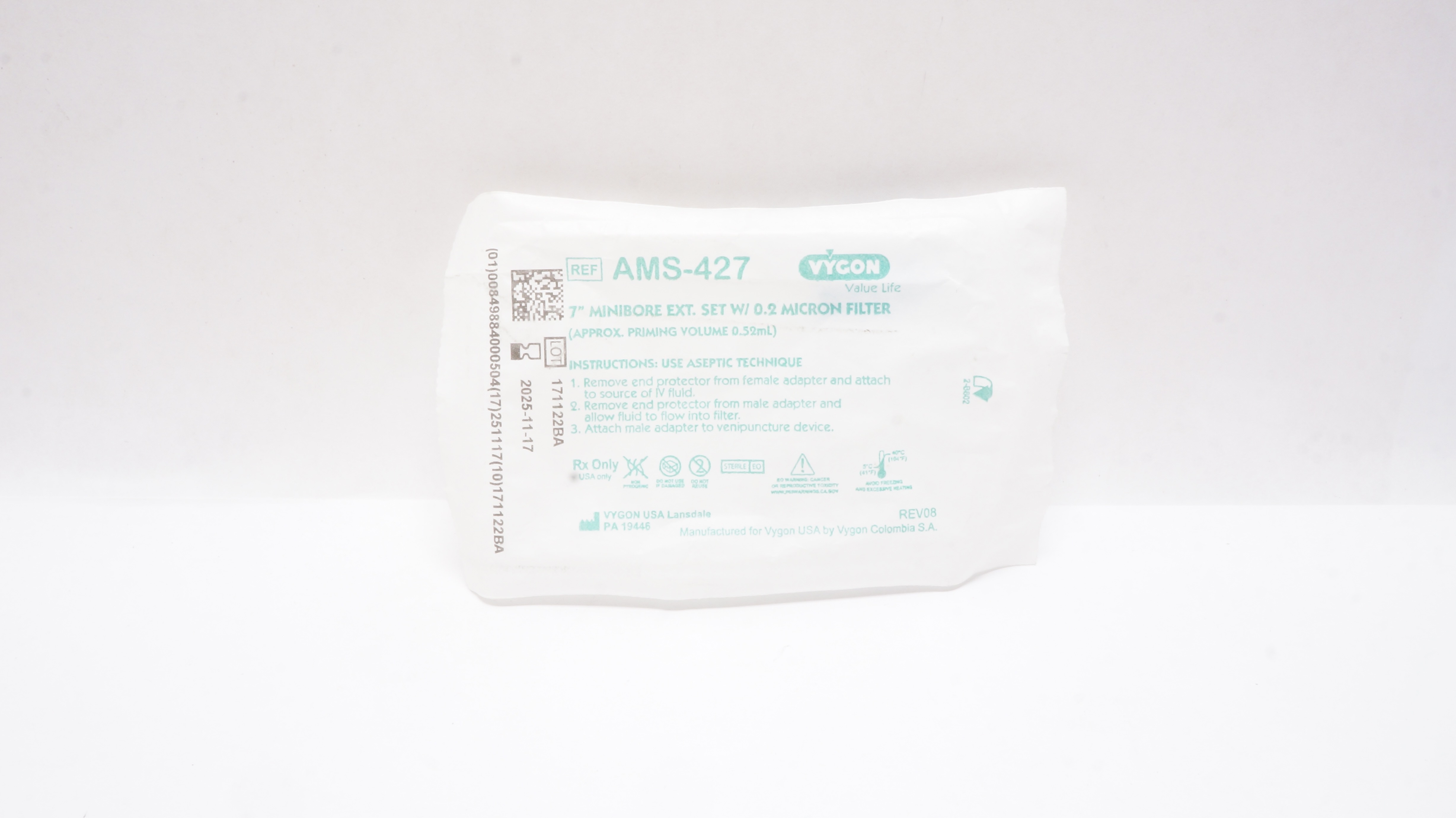 Vygon AMS-427 Value Life 7inch Minibore Extension Set W/0.2 Micron Filter