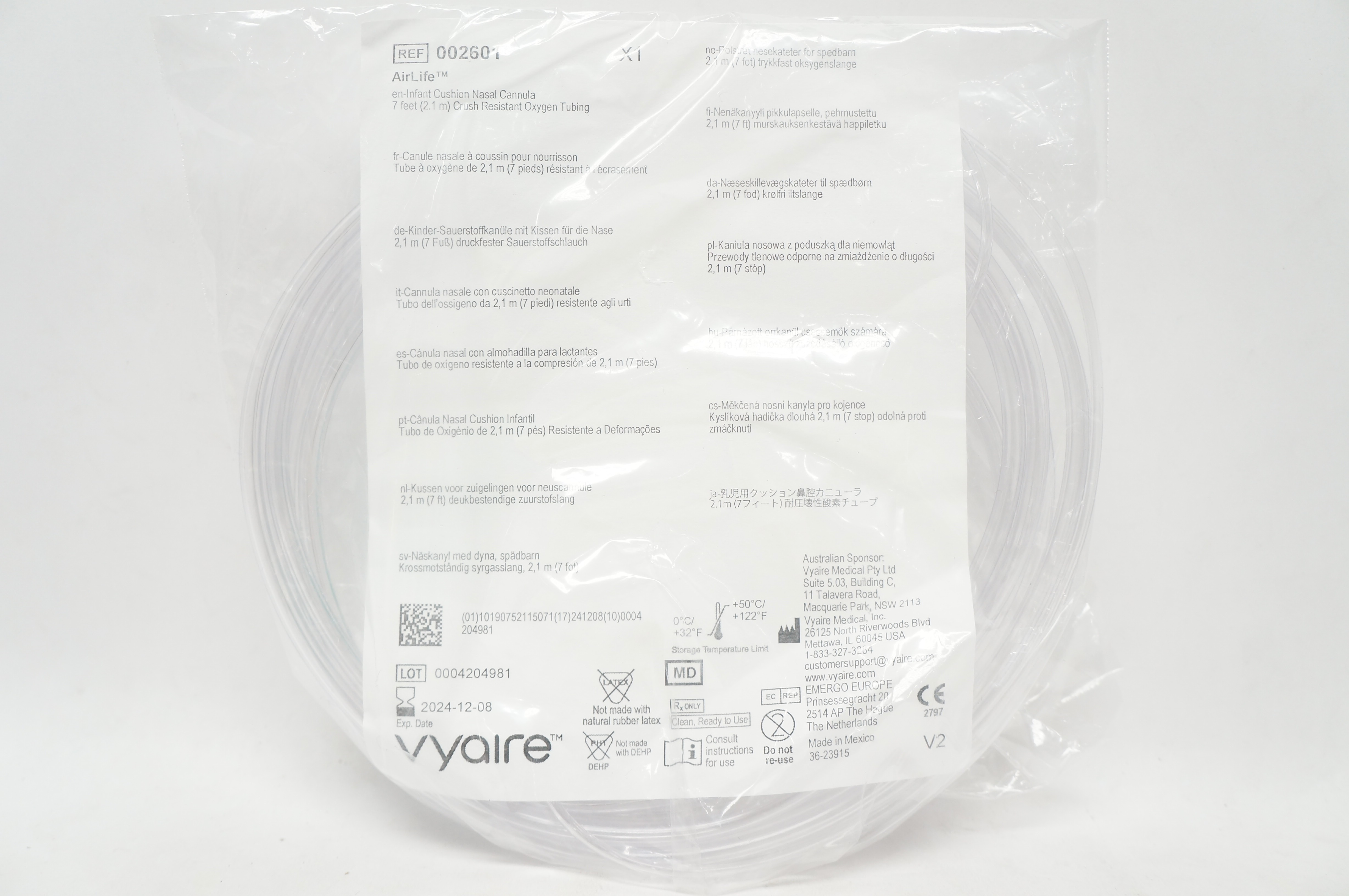 Vyaire 002601 AirLife Infant Cushion Nasal Cannula Crush Resistant 7ft