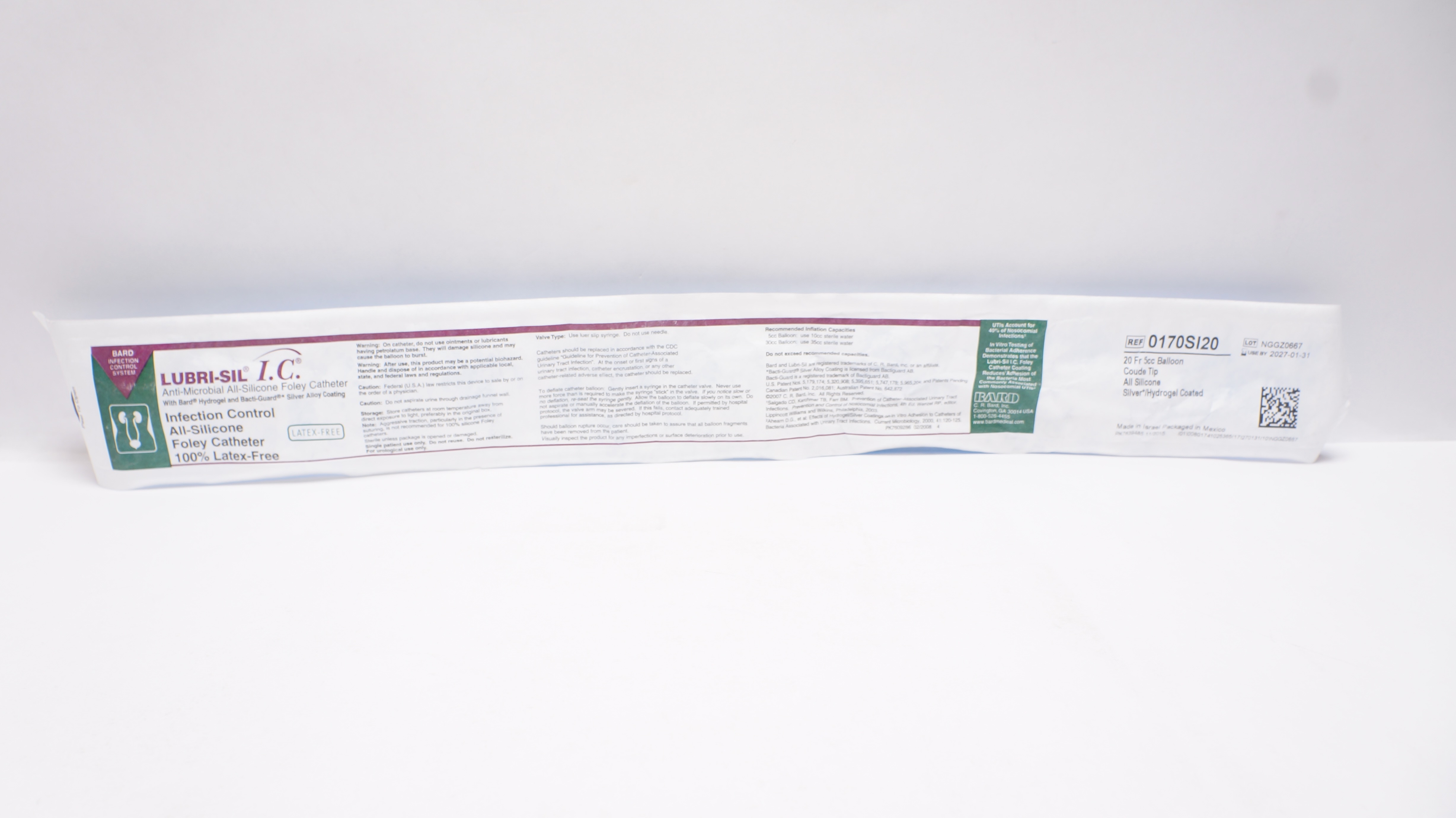 Bard 0170SI20 Lubri-Sil I.C. Anti-Microbial Foley Cath. 20Fr 5cc Balloon