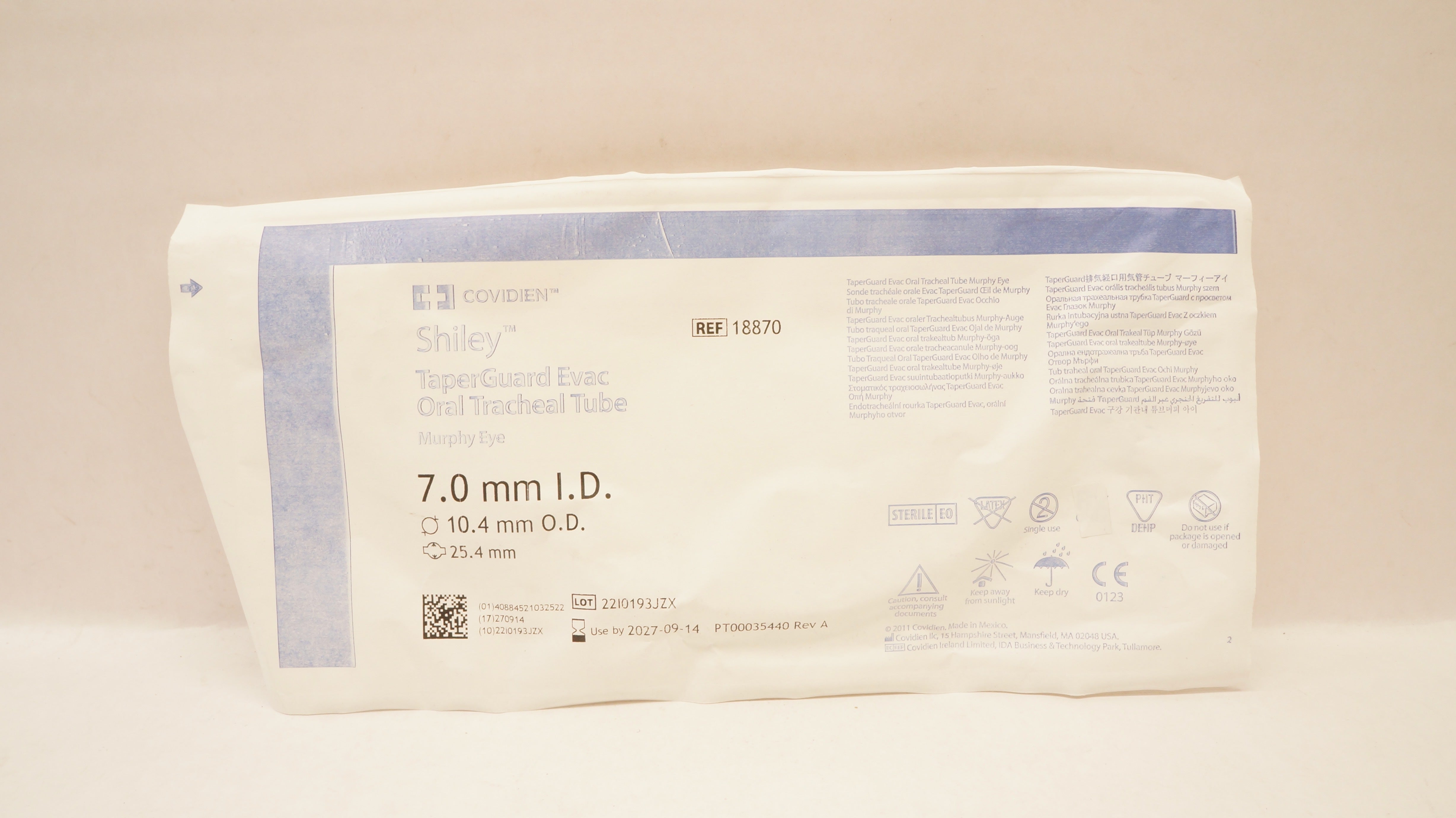 Covidien 18870 Shiley TaperGuard EVac Oral Tracheal tube 7.0ID x 10.4OD x 25.4mm