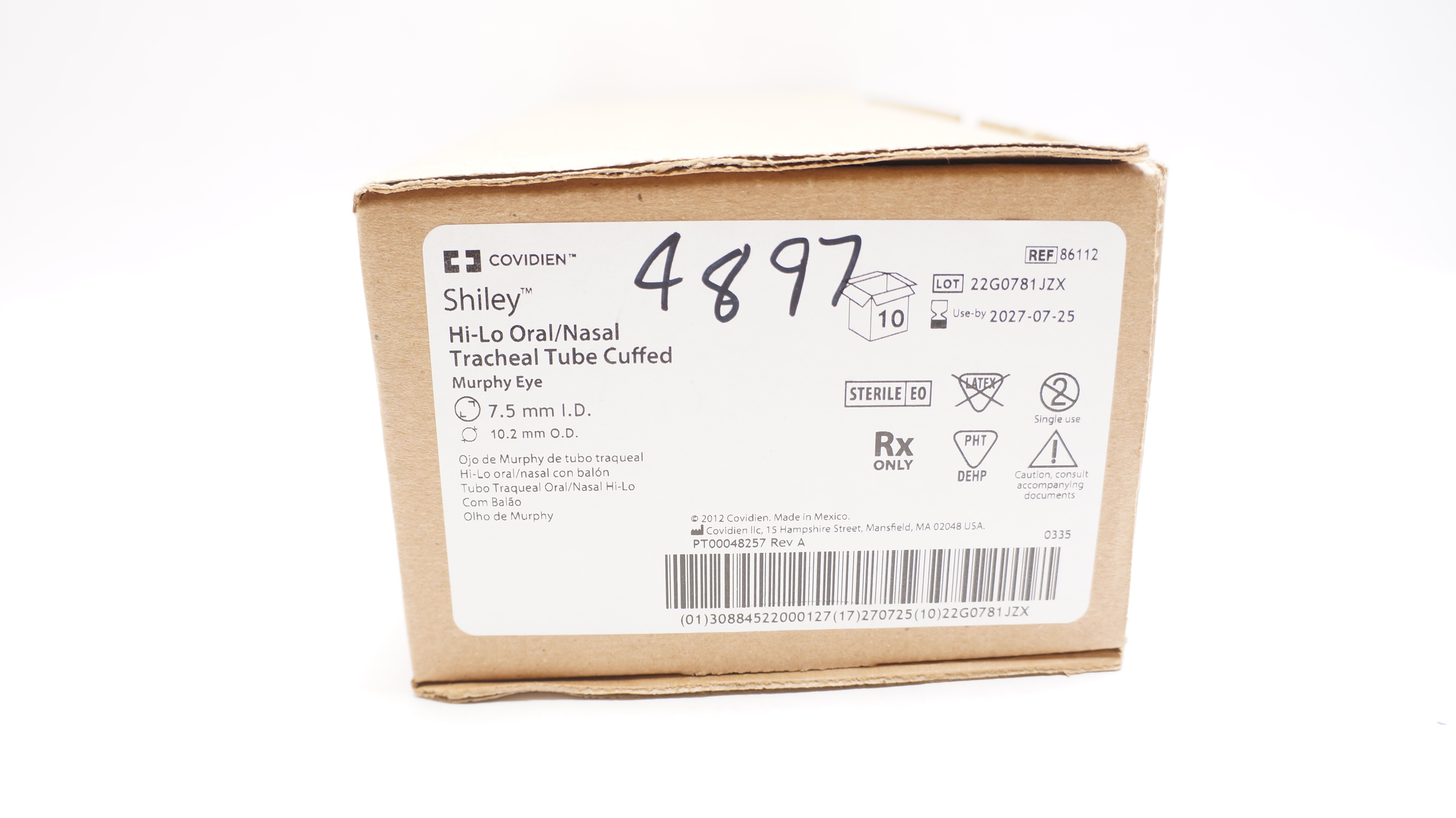 Covidien 86112 Shiley Oral/Nasal Tracheal Tube 7.5mm ID x 10.2mm OD - Box of 10