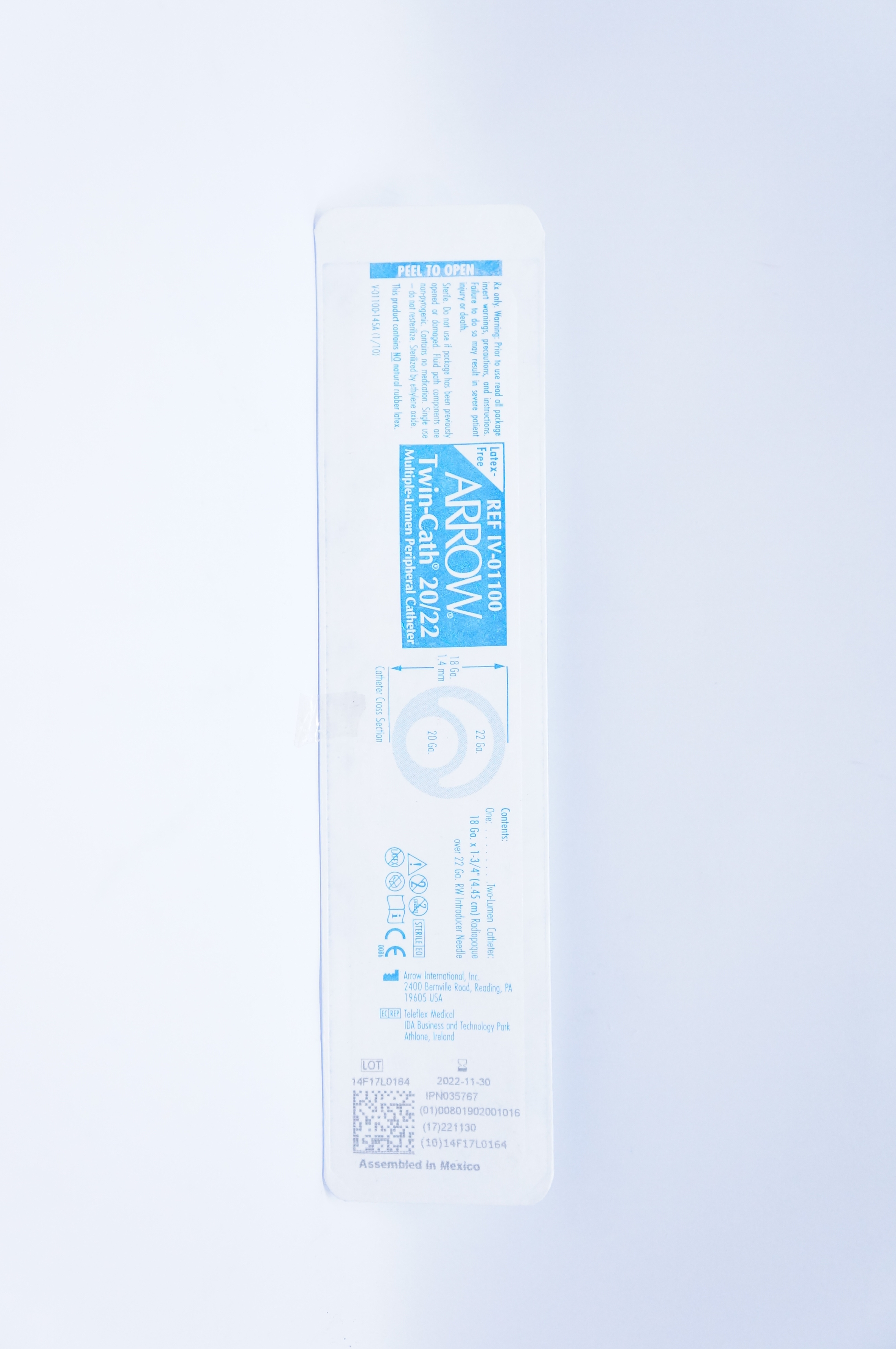Arrow IV-01100 Twin-Cath 20/22 Multiple-Lumen Peripheral Cath. 18Ga x 4.45cm
