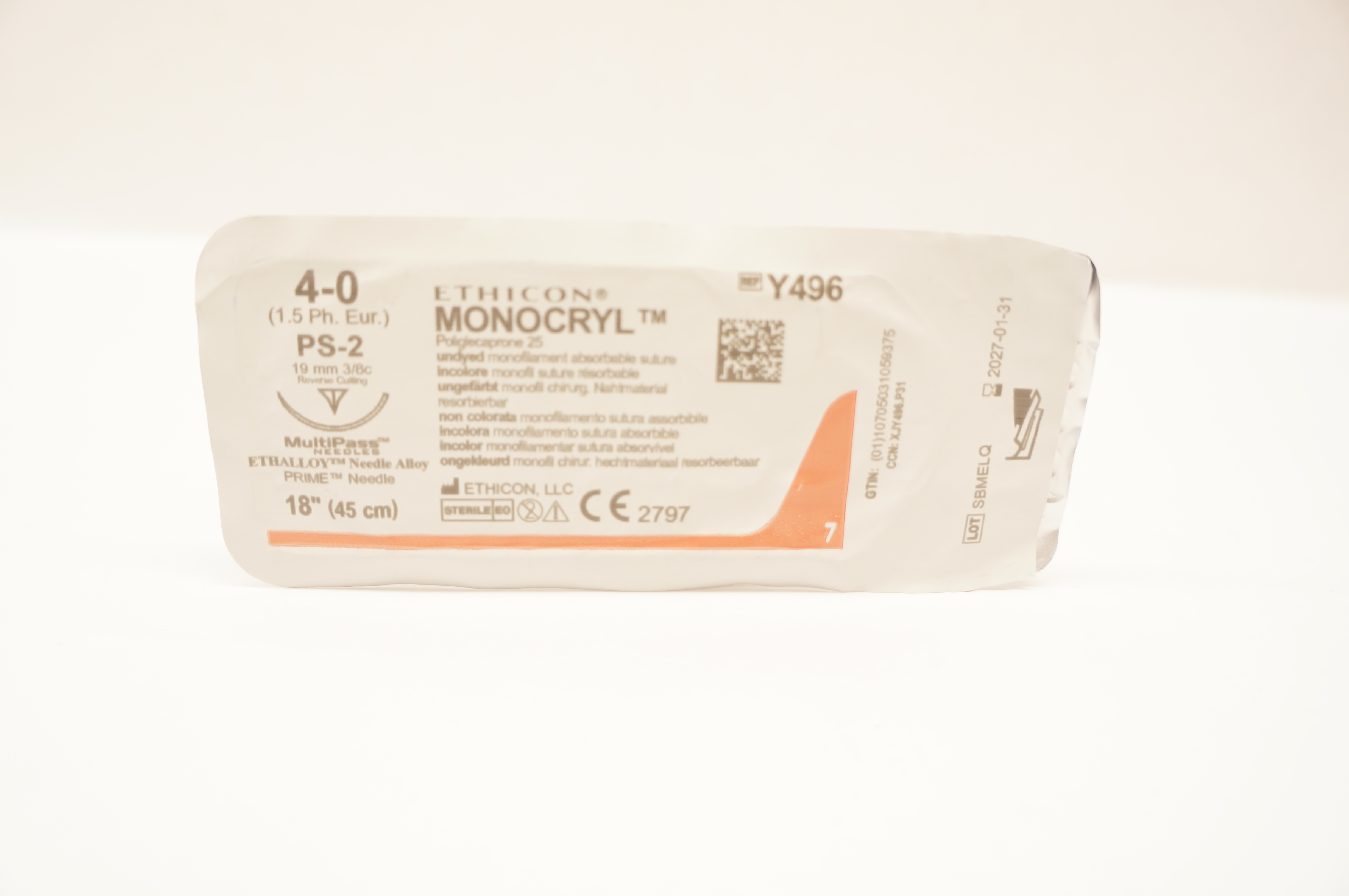 Ethicon Y496 4-0 MONOCRYL Undyed Stre PS-2 19mm 3/8c Reverse Cutting, 18inch