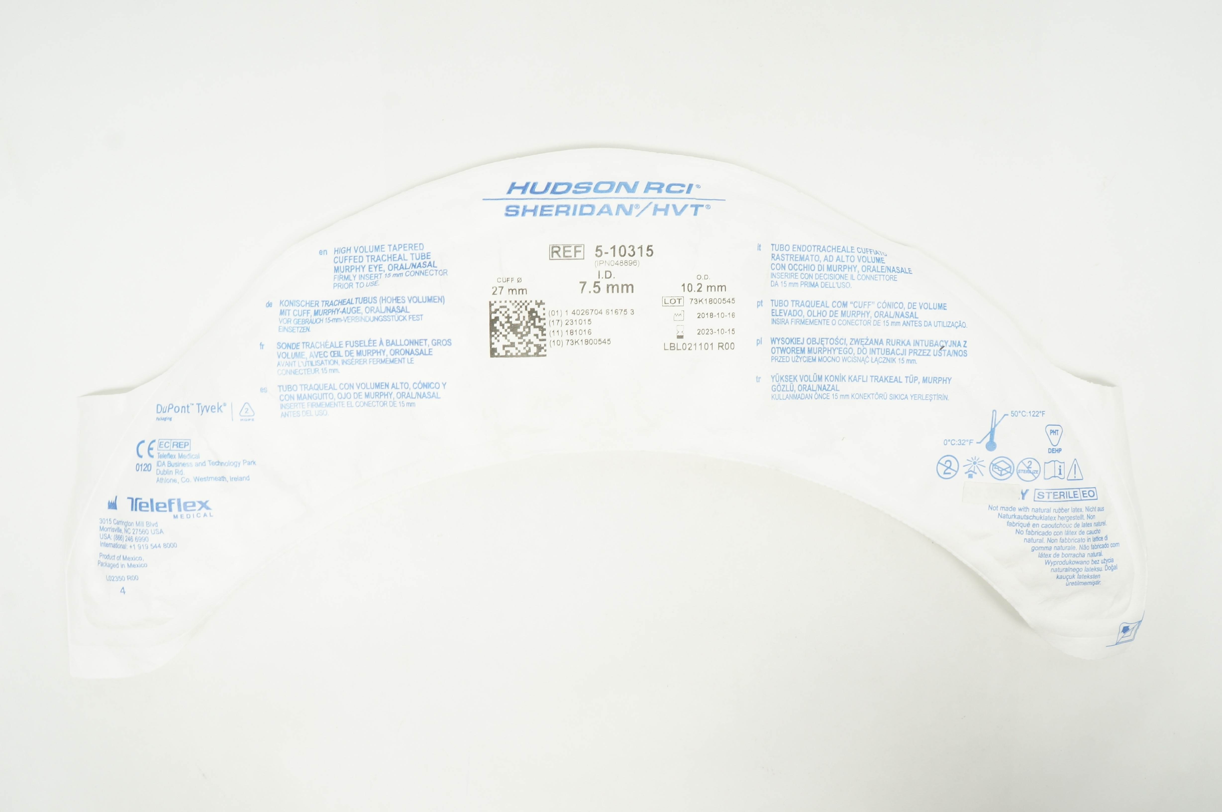 Teleflex 5-10315 Hudson RCI Sheridan HVT Cuffed Tracheal Tube 7.5 x 10.2 x 27mm