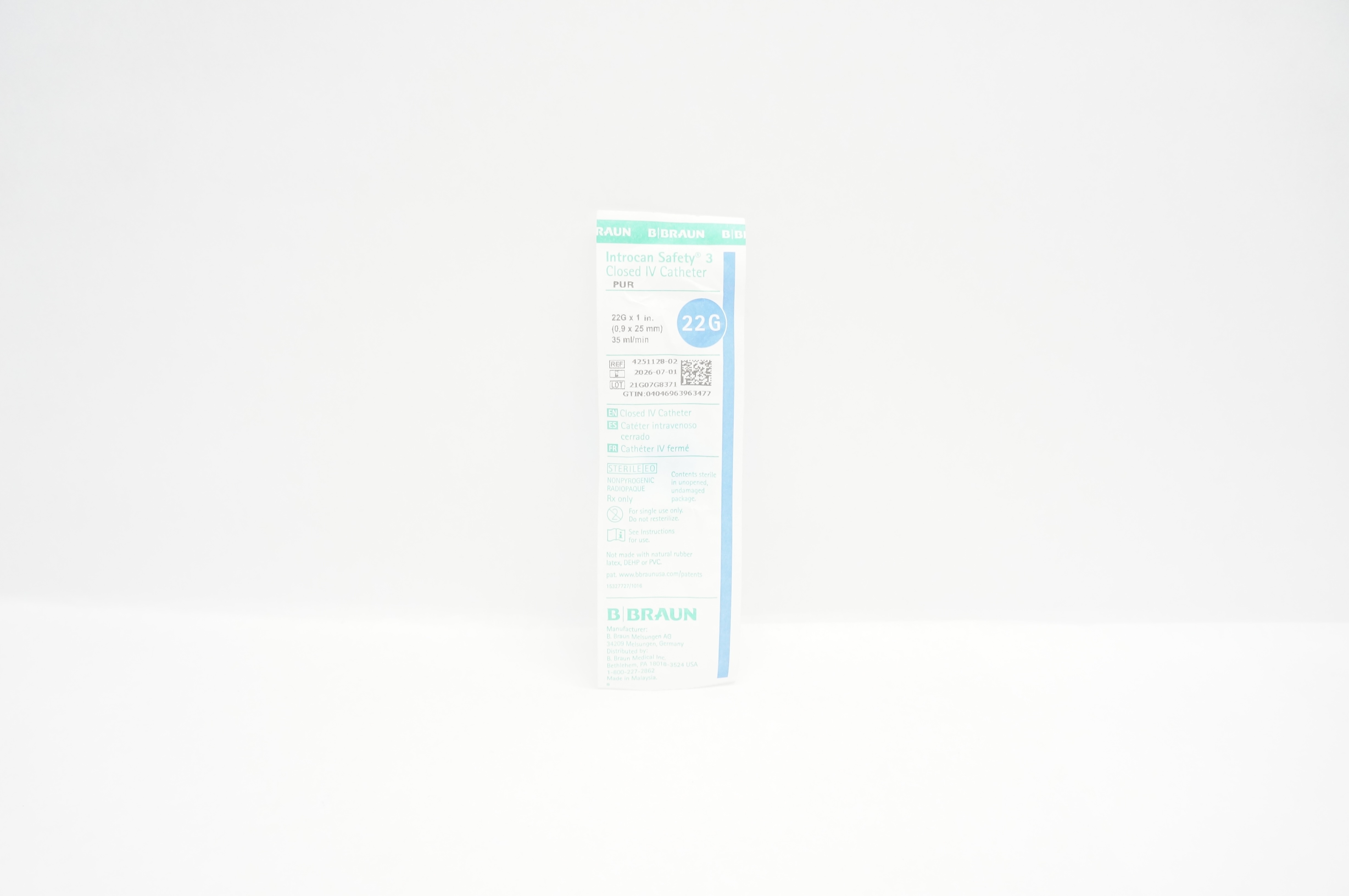 B.Braun 4251128-02 Introcan Safety 3 Closed IV Cath. 22G x 1inch x 35mL/min