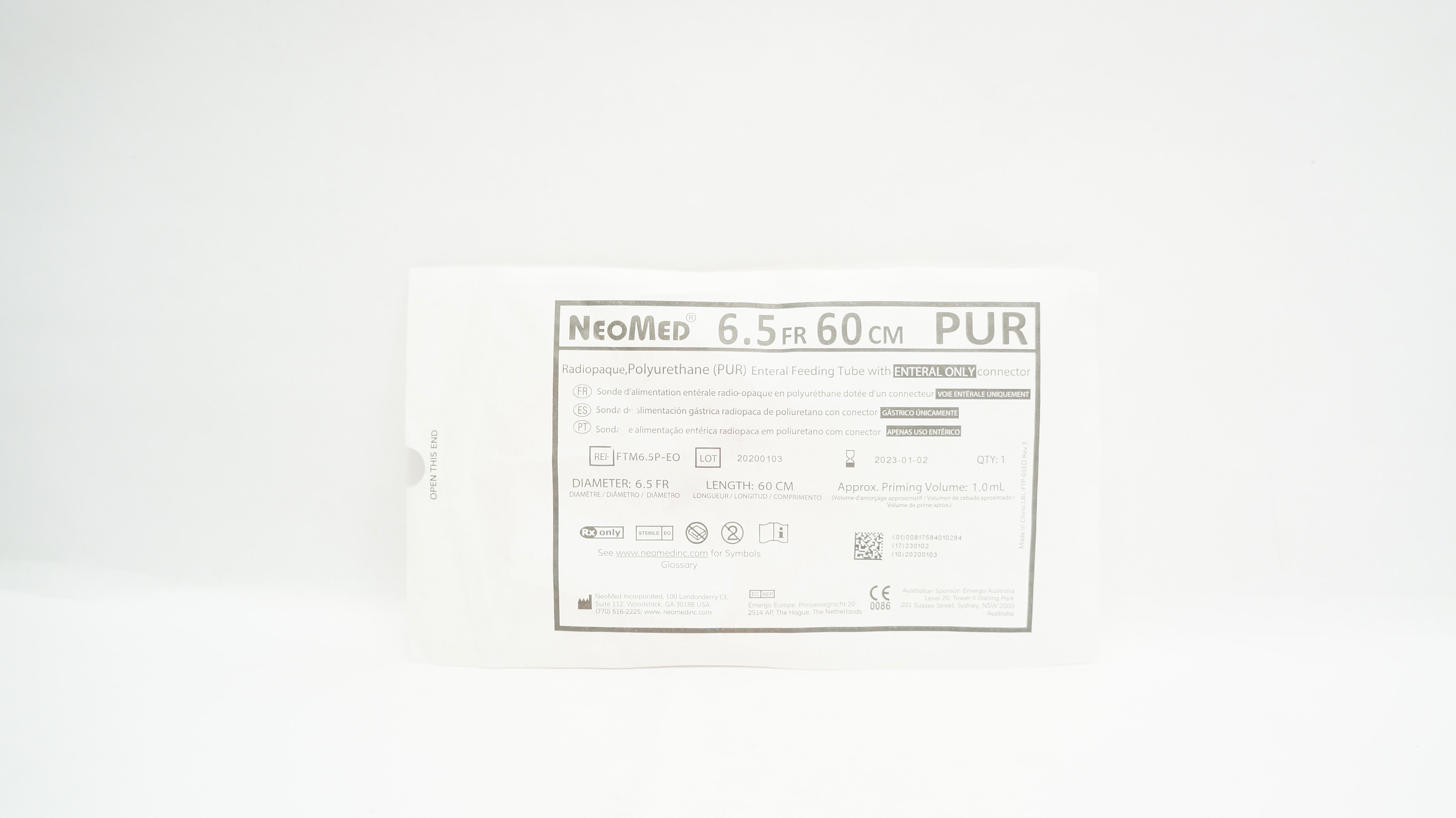 NeoMed FTM6.5P-EO Polyurethane Pediatric Enteral Feeding Tube 6.5F x 60cm (x)