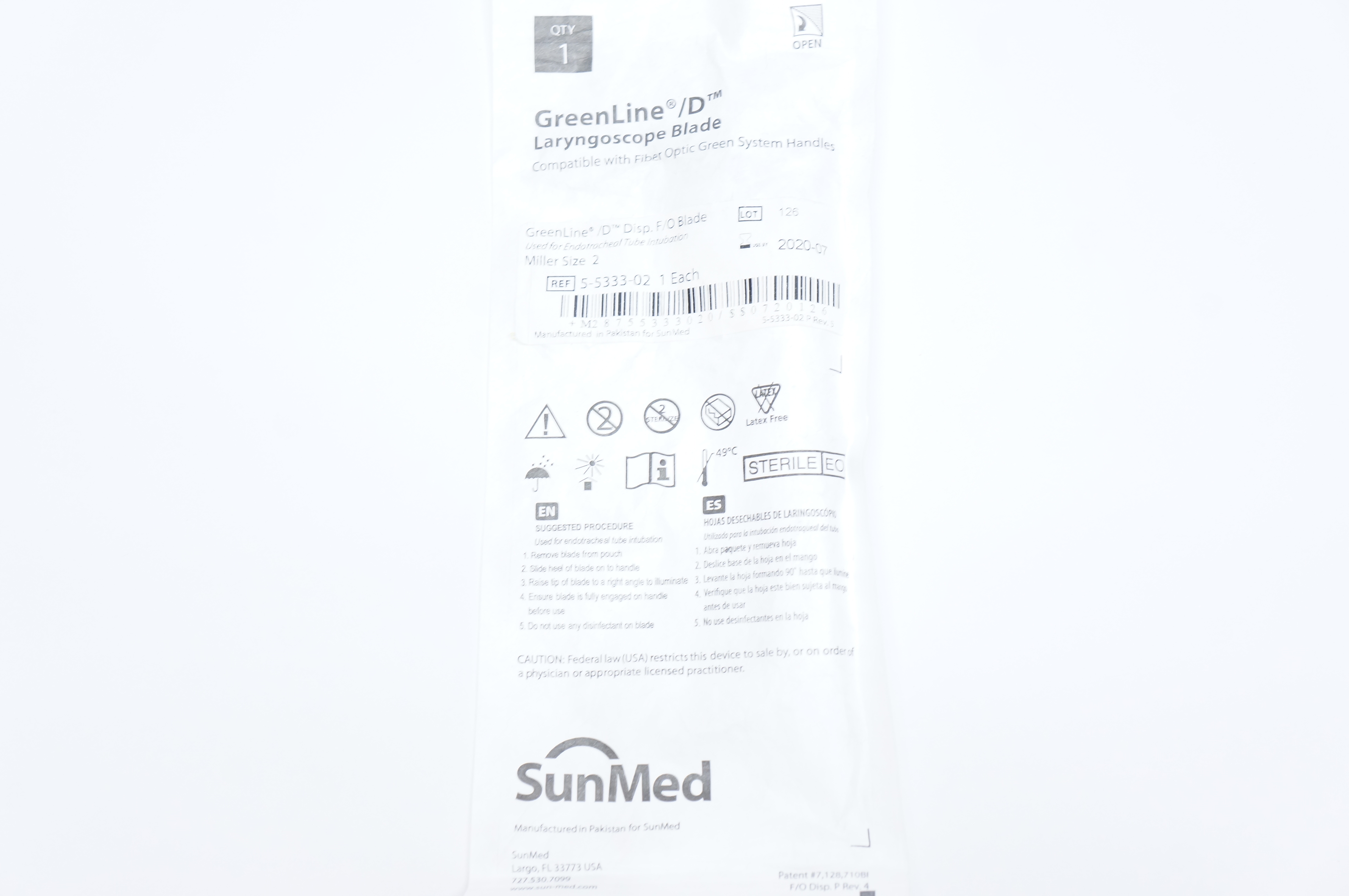 SunMed 5533302 GreenLine/D Premature Fiber Optic Blade Miller, Size 2 (x)