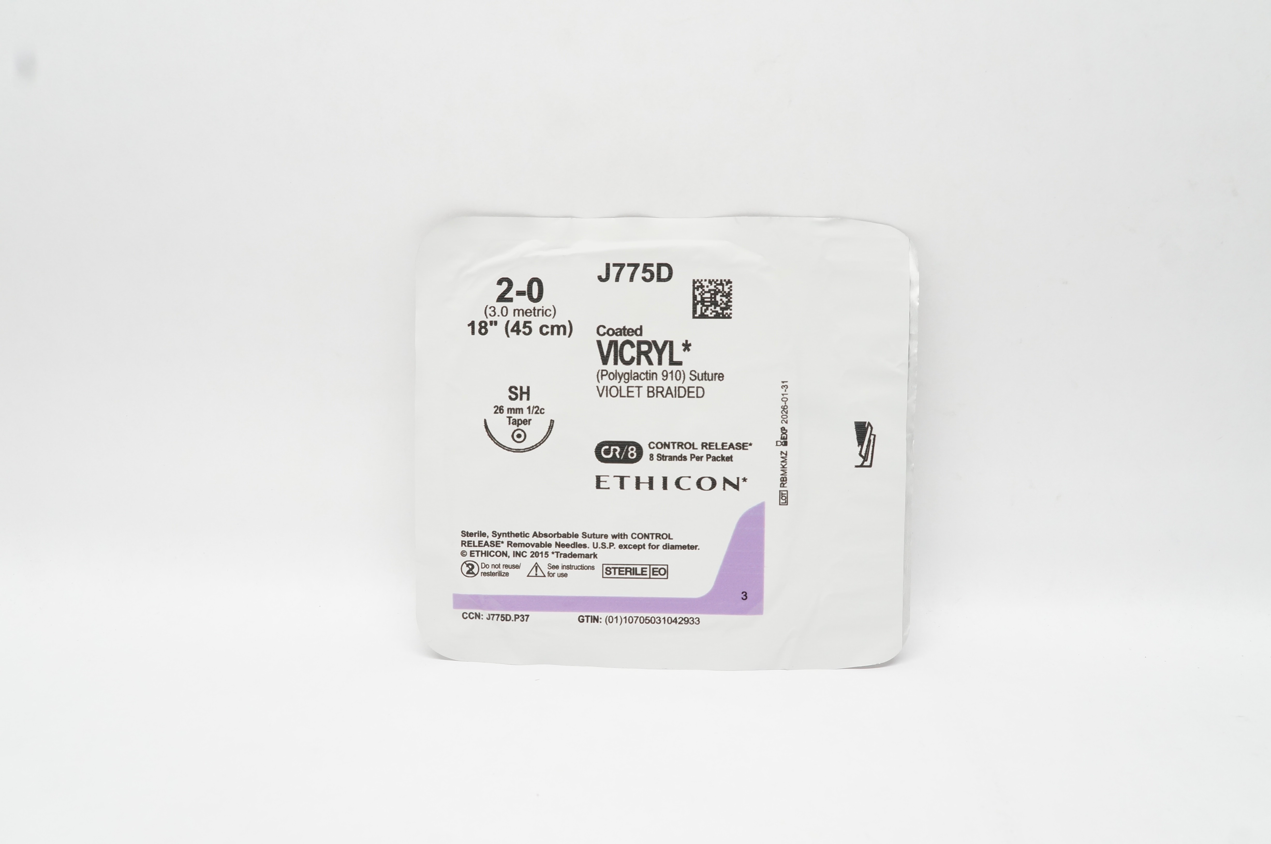 Ethicon J775D 2-0 Coated VICRYL (Polyglactin 910) Stre SH 26mm 1/2c Taper 18inch