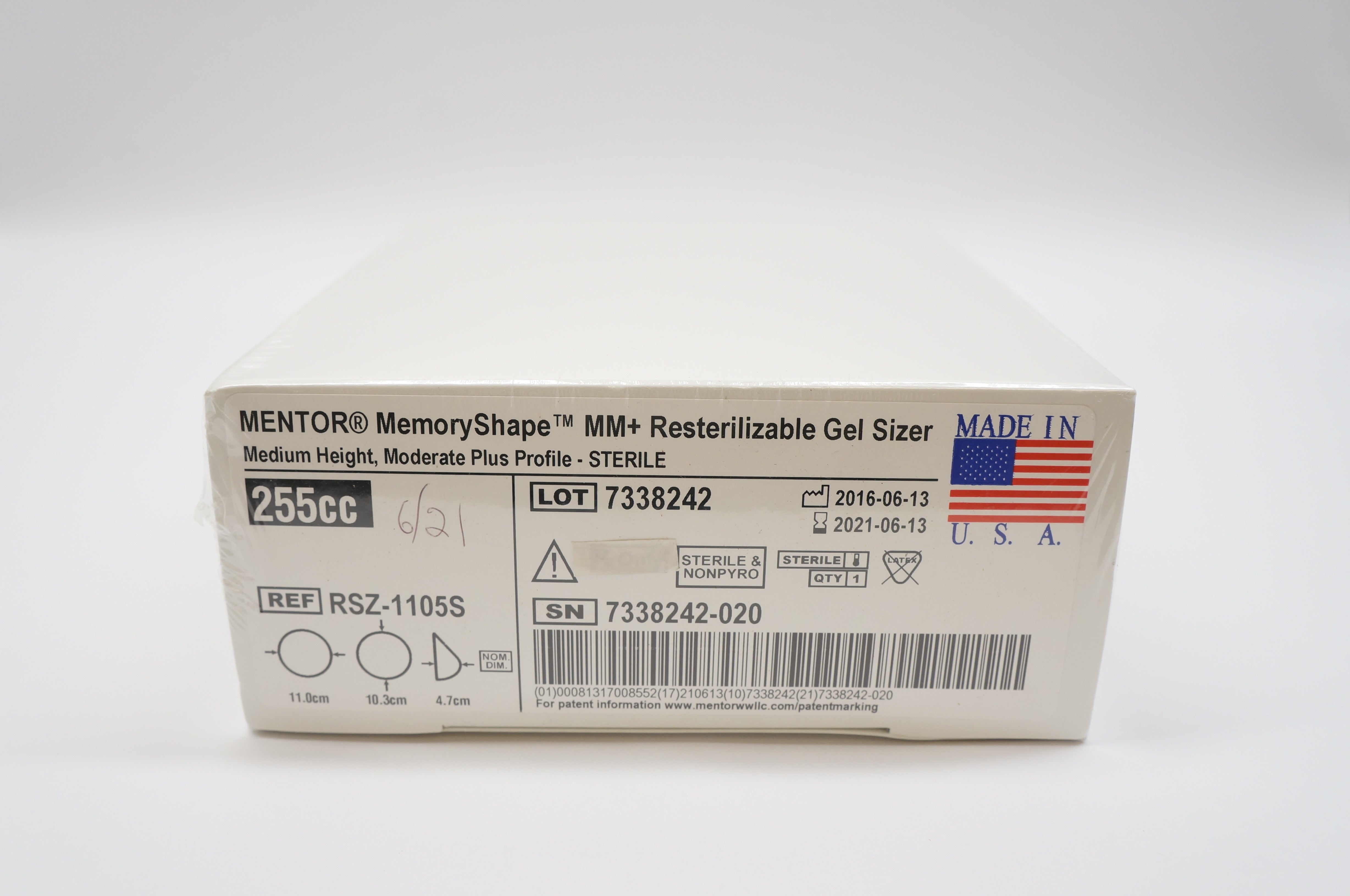 MENTOR RSZ-1105S MemoryShape MM+ Resterilizable Gel Sizer 255cc, 4.7cm x 10.3cm