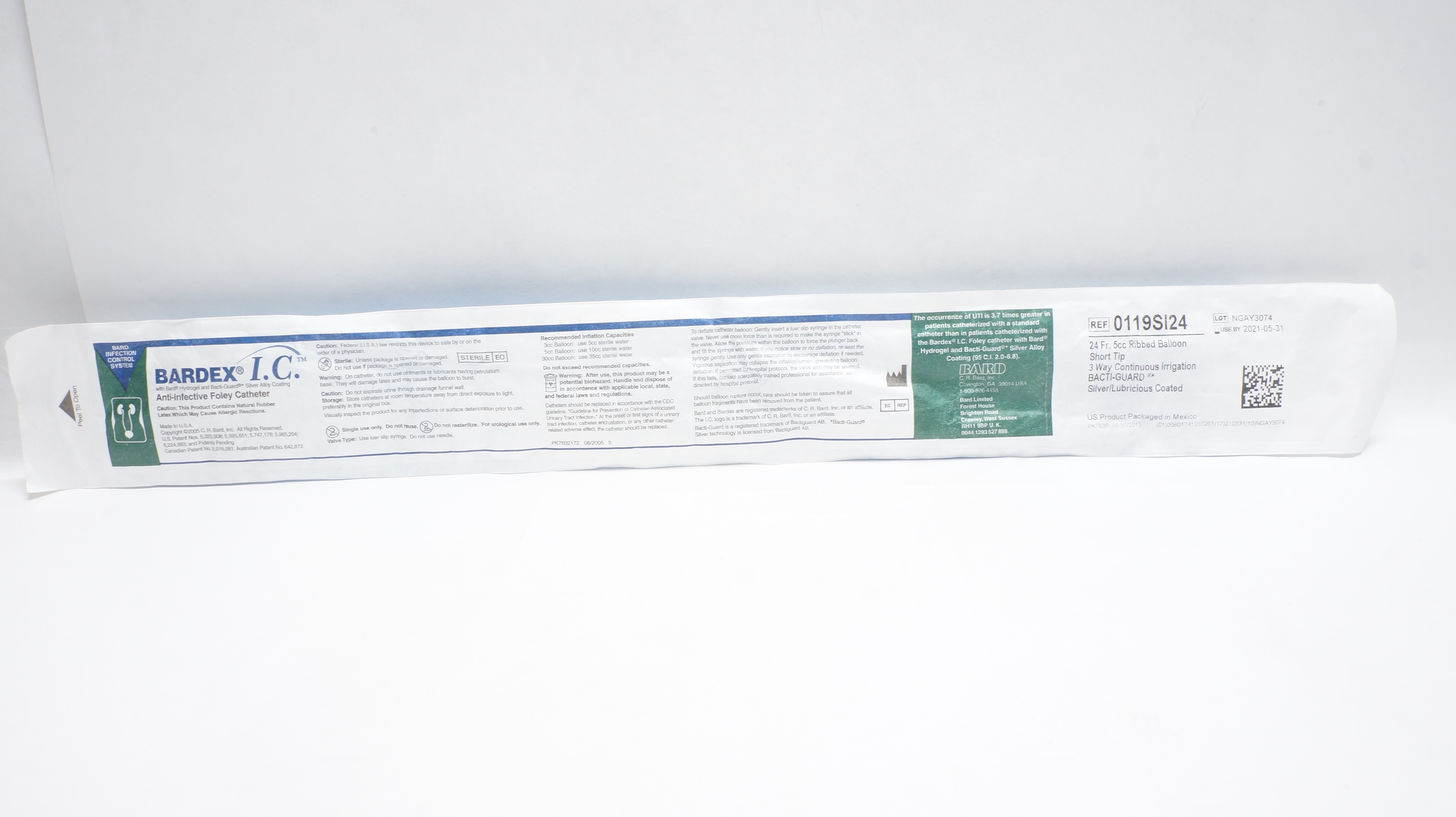 Bard 0119SI24 Bardex I.C. Anti-Infective Foley Cath. 24Fr. 5cc Ribbed Balloon(x)