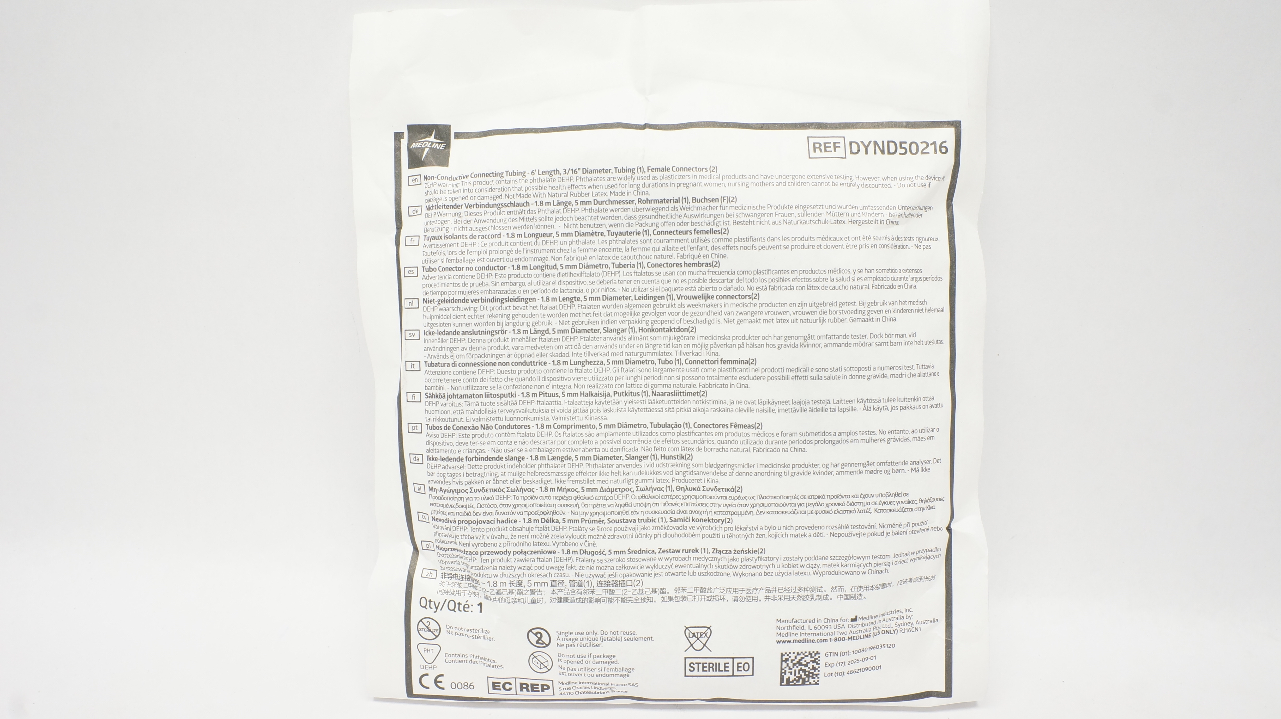 Medline DYND50216 Non-Conductive Connecting Tubing 3/16inch x 6Ft.