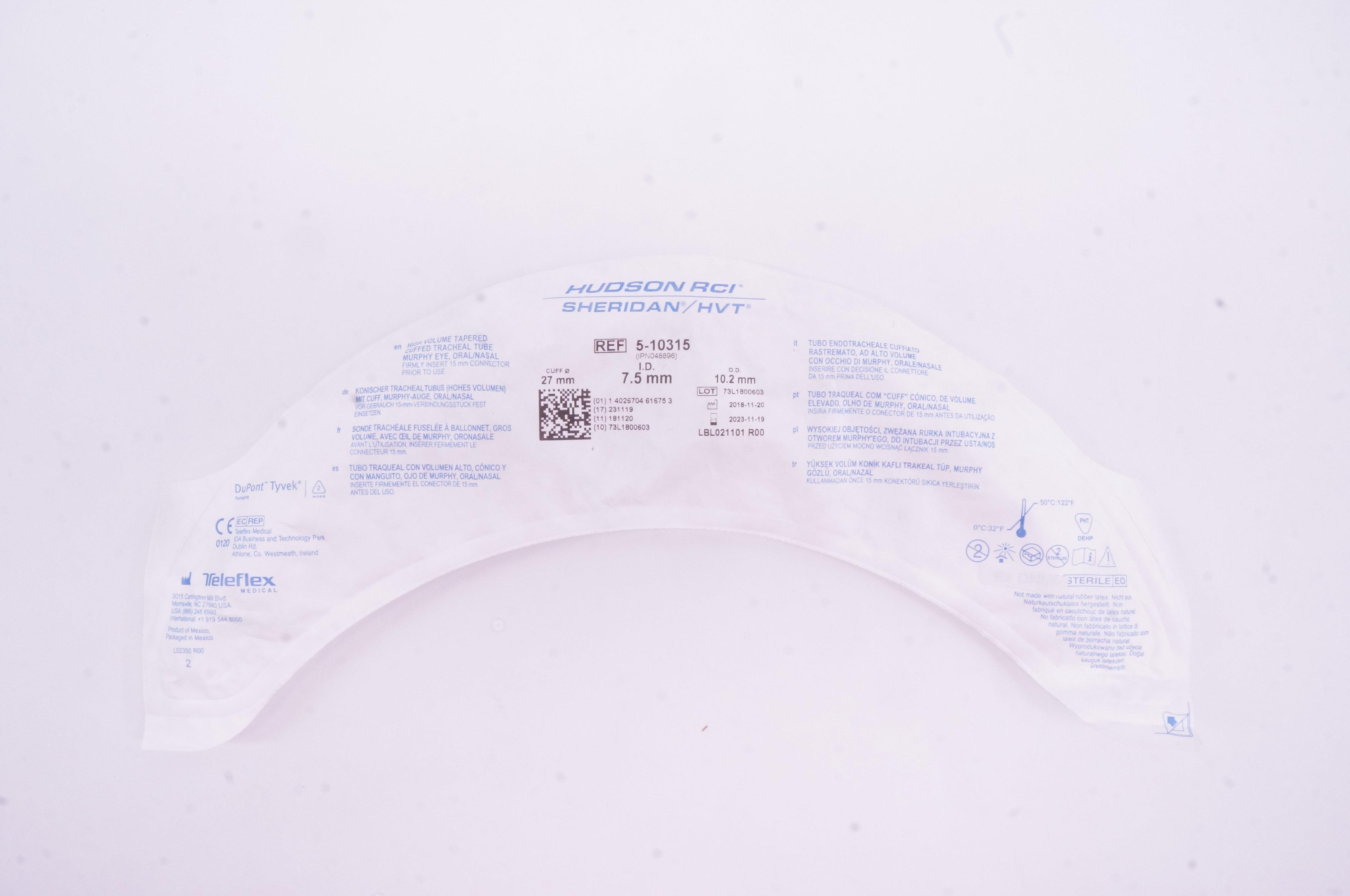 Teleflex 5-10315 Hudson RCI Sheridan HVT Cuffed Tracheal Tube 7.5 x 10.2 x 27mm