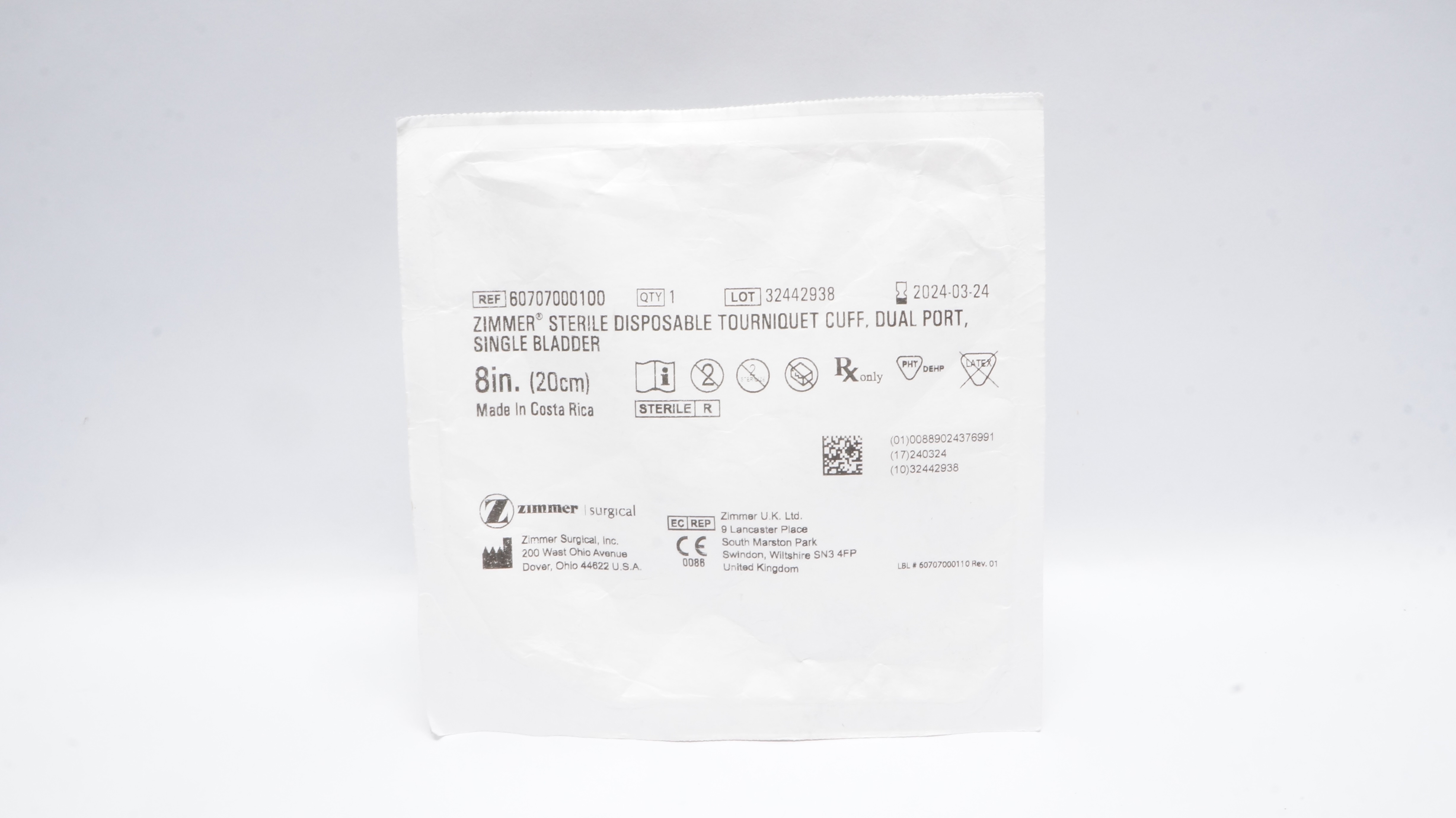 Zimmer Surgical 60707000100 Sterile Disposable Tourniquet Cuff,DUal Port,8In (x)