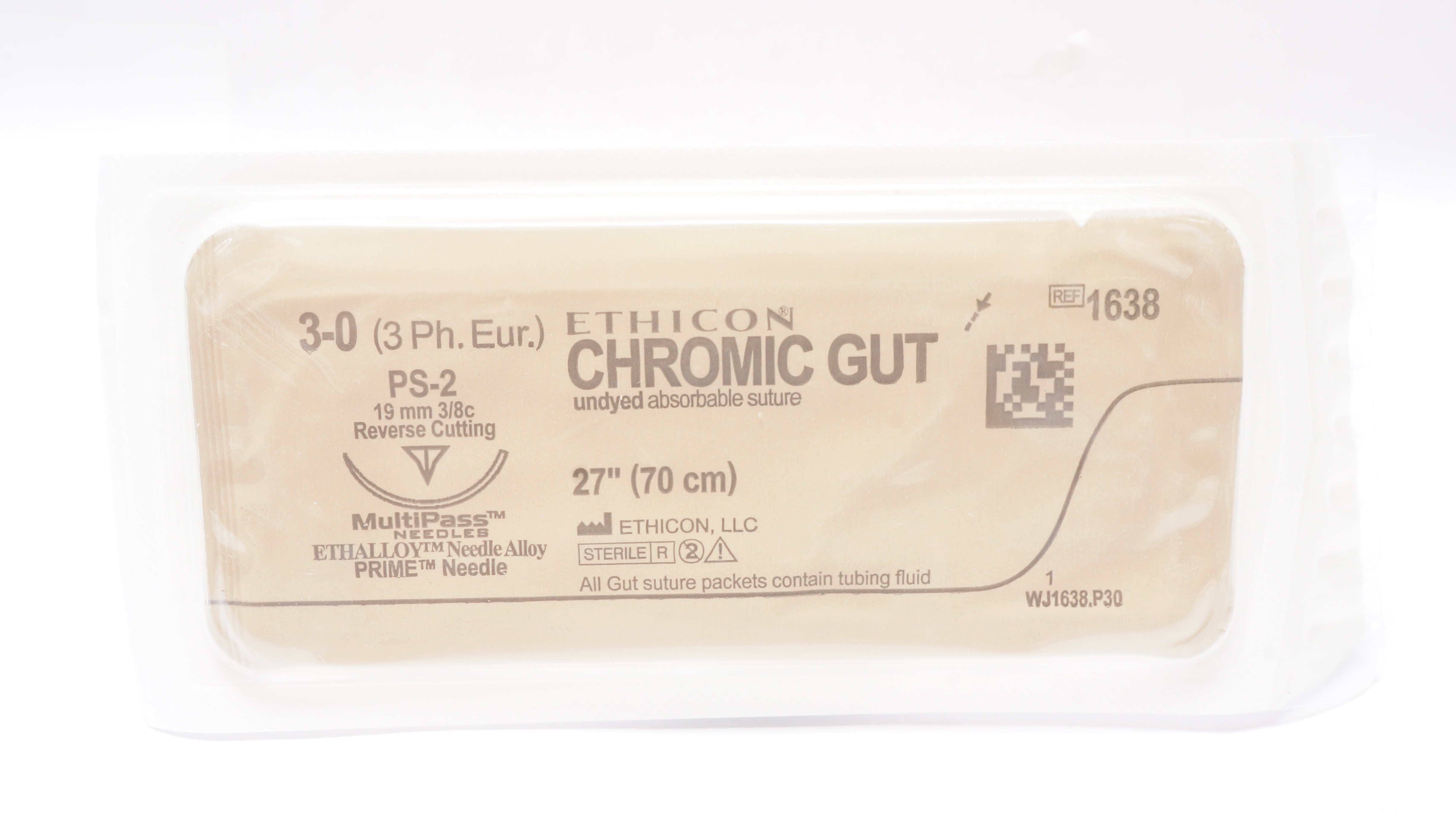 Ethicon 1638 3-0 Chromic Gut PS-2 19mm 3/8c Reverse Cutting 27inch