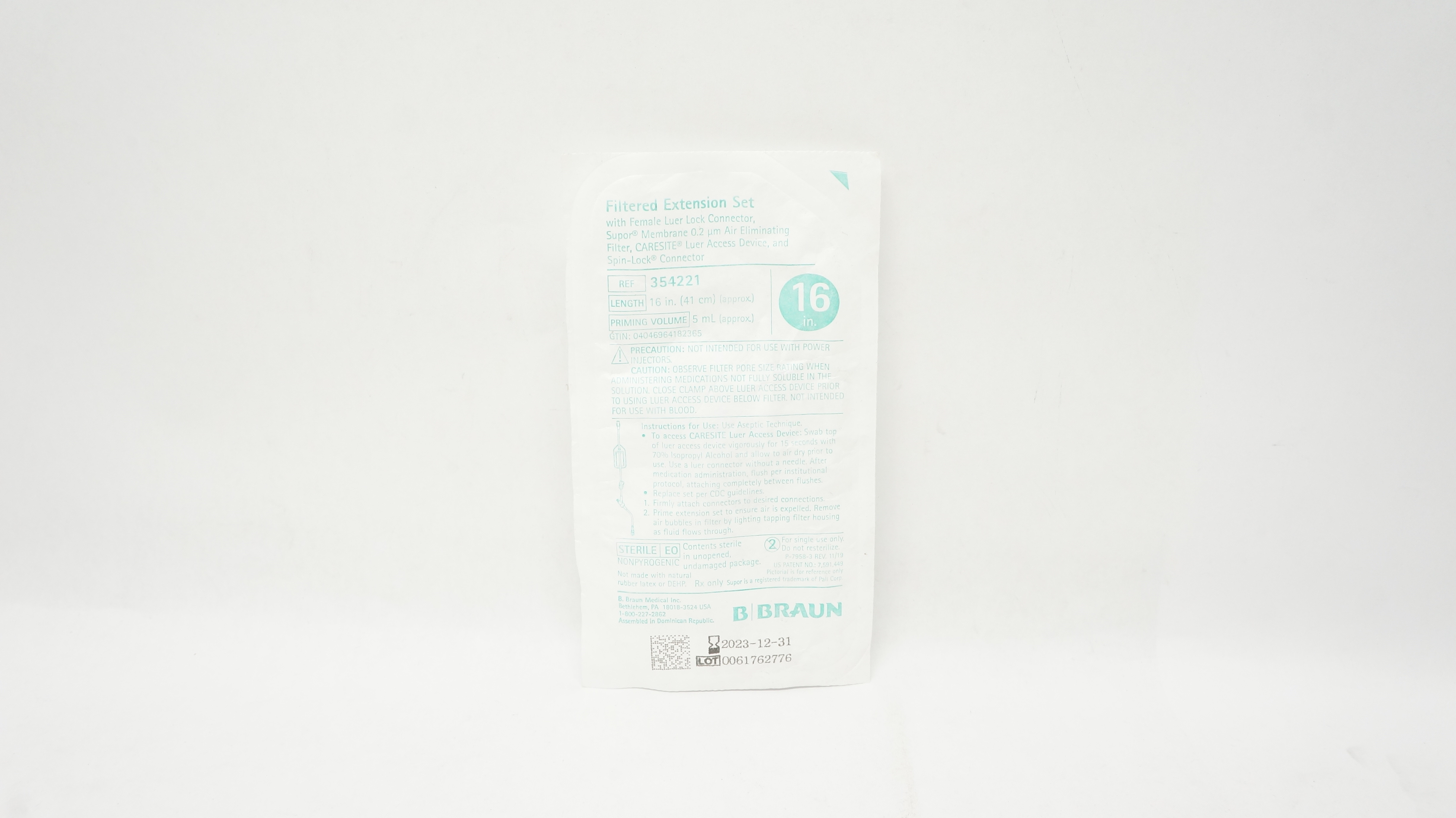 Braun 354221 Filtered Extension Set w/Female Luer Lock Connector 16inch x 5mL