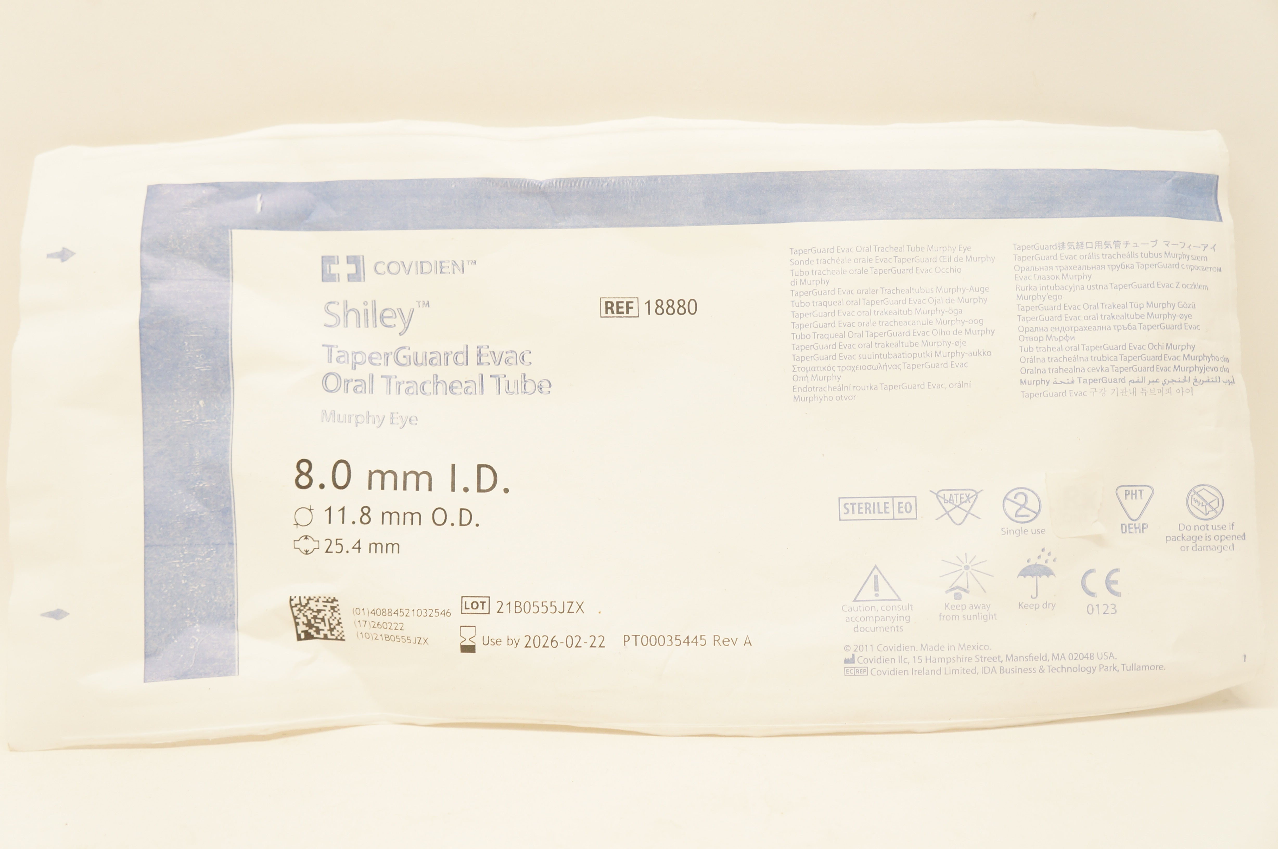 Covidien 18880 Shiley TaperGuard Evac Oral Tracheal Tube 8.0 ID x 11.8mm OD