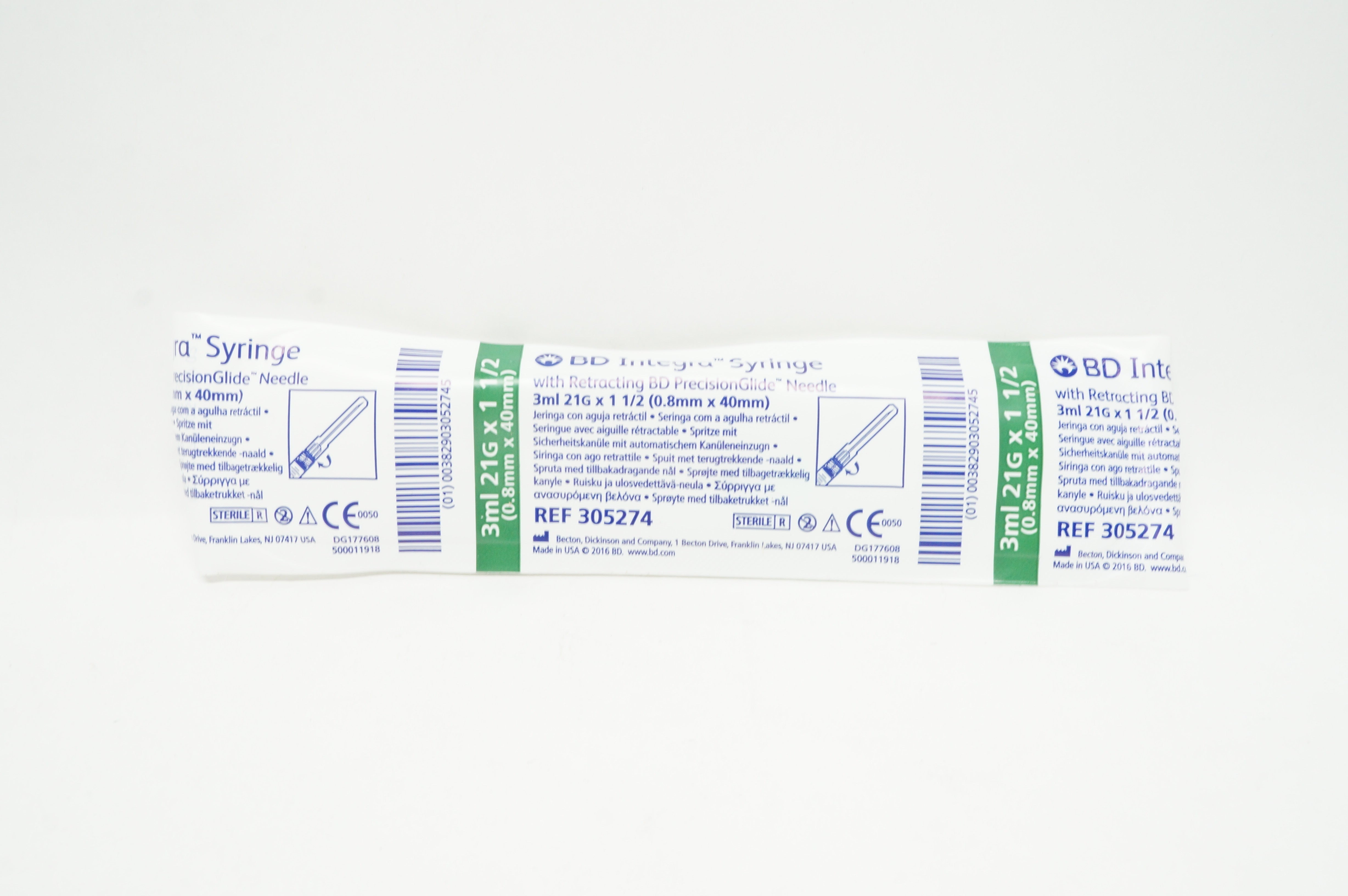 BD 305274 Integra Syringe with Retracting Ndle 3ml 21G x 1-1/2inch