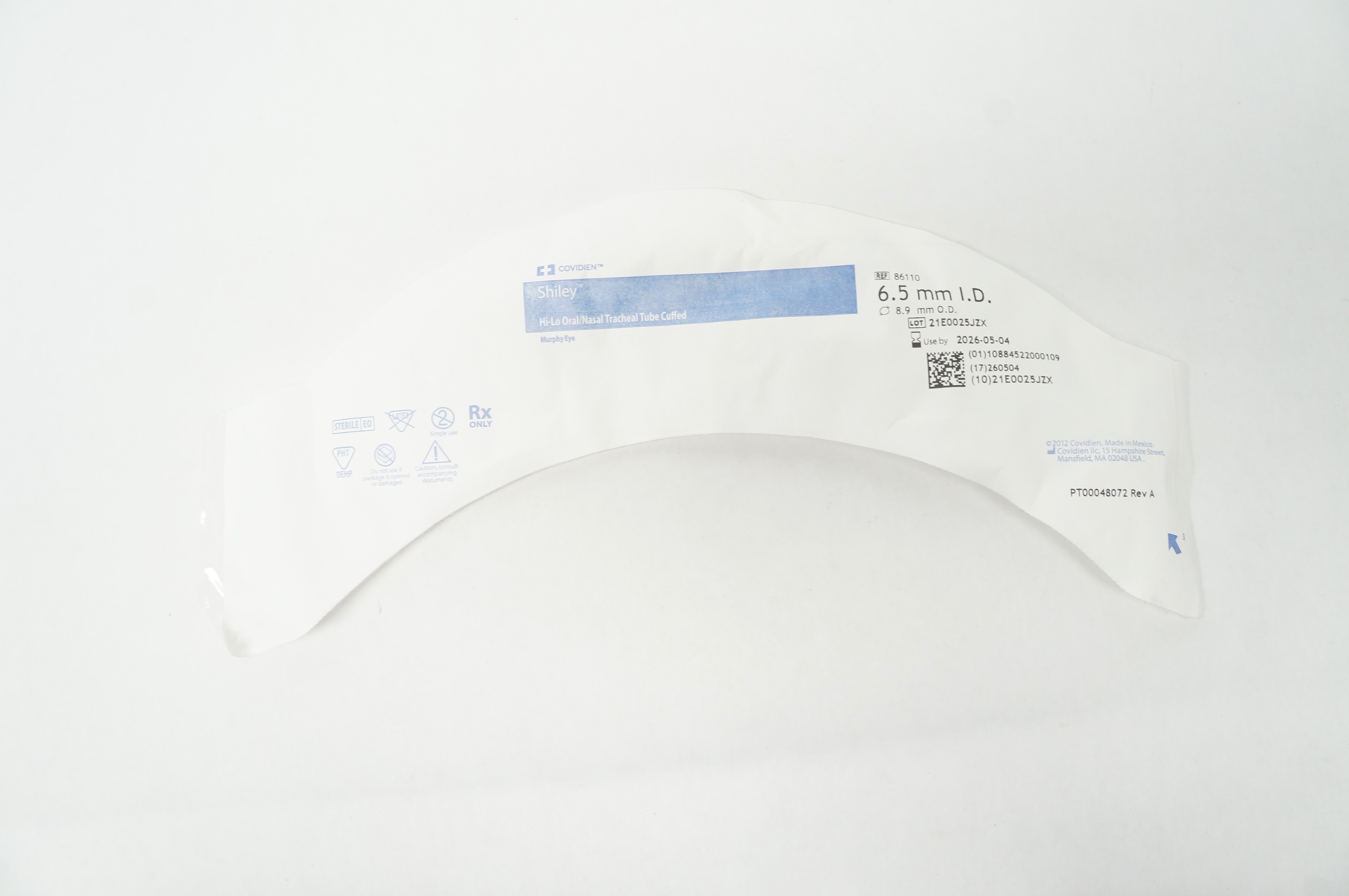 Covidien 86110 Shiley Hi-Lo Oral/Nasal Tracheal Tube Cuffed 6.5mm ID x 8.9mm OD
