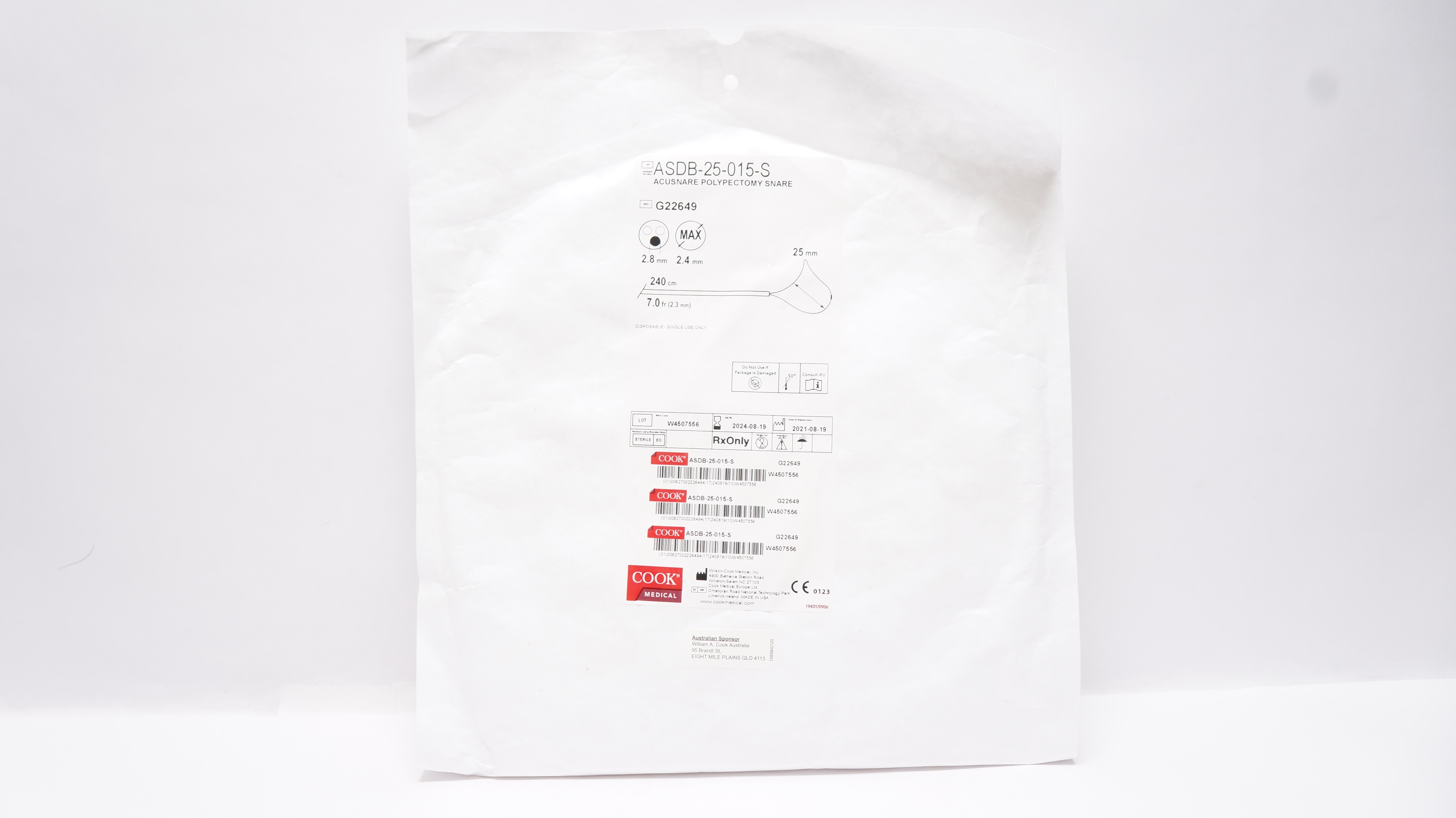 Cook Medical G22649 Acusnare Polypectomy Snare 7Fr x 240cm x 25mm