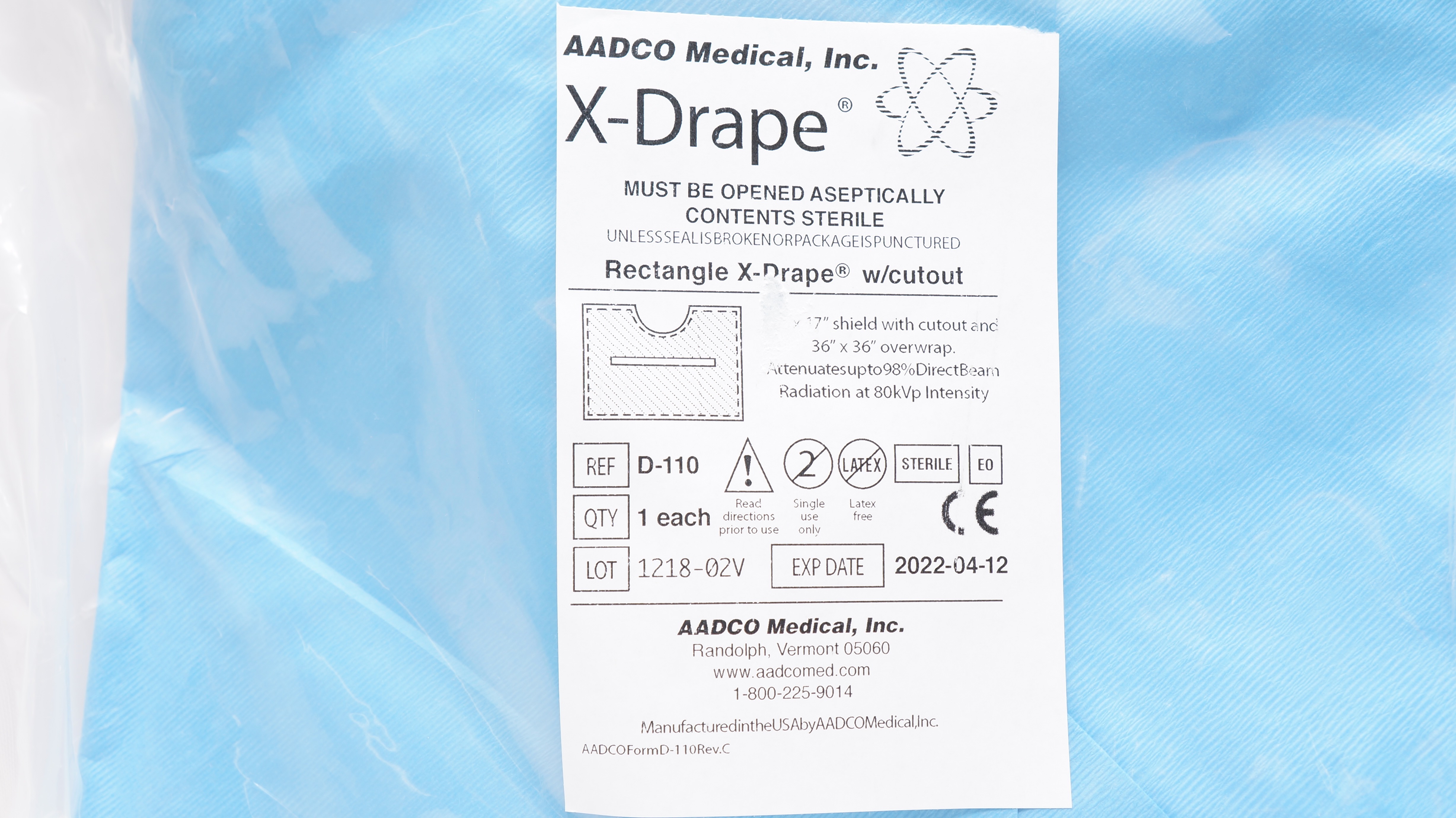 AADCO Medical D110A XDrape Rectangle Shield w/Cutout 12 x 17inch 36 x