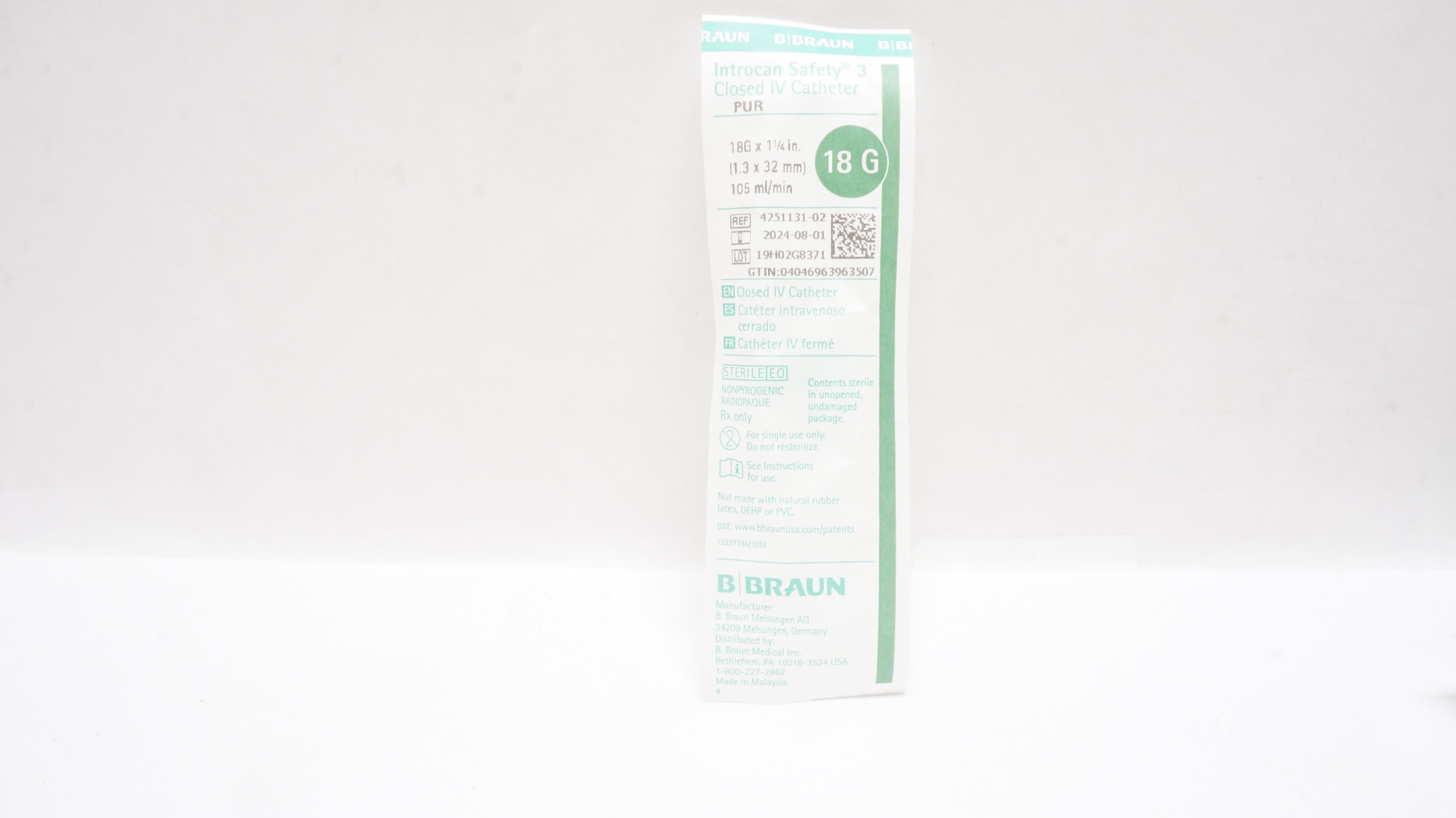 B.Braun 4251131-02 Introcan Safety 3 Closed IV Cath. 18G x 1-1/4inch 105ml/min