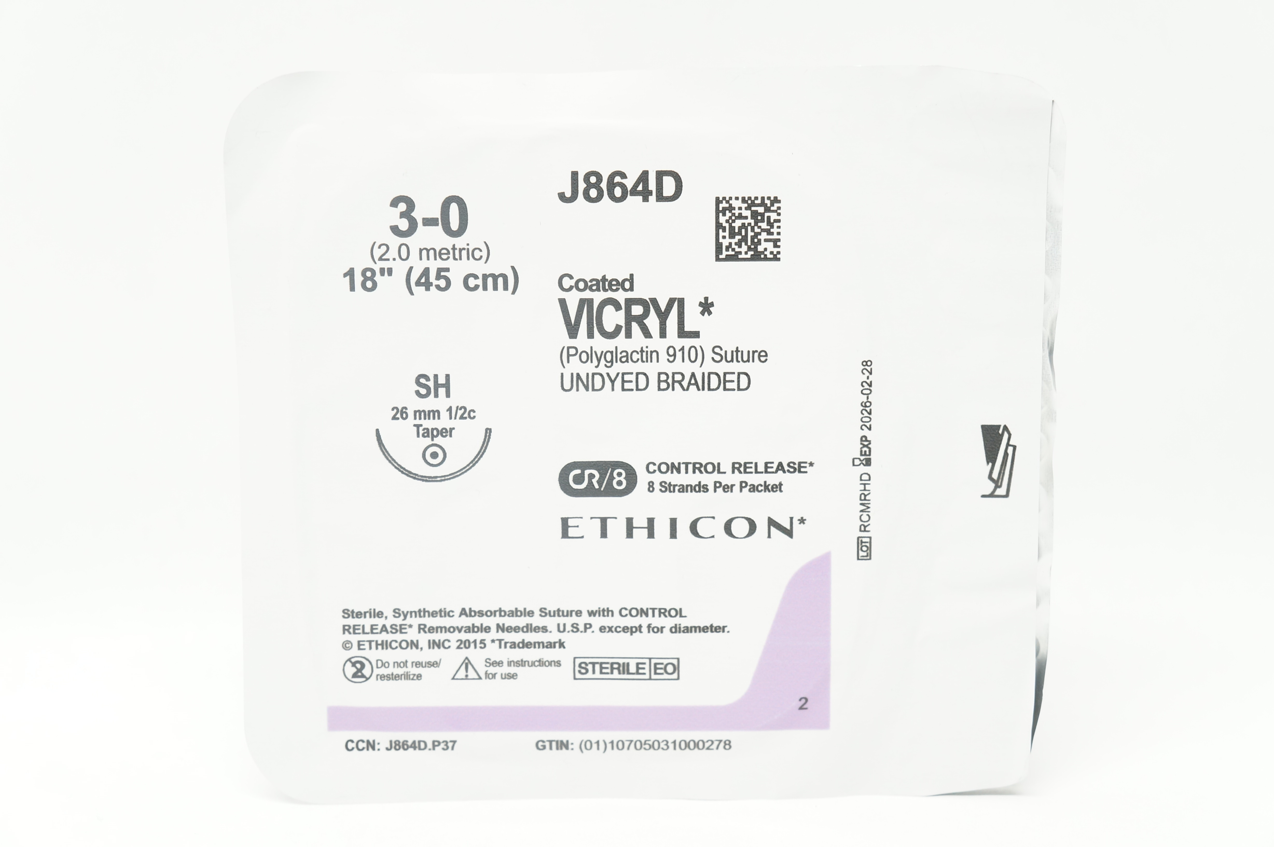 Ethicon J864D 3-0 Coated VICRYL Stre SH 26mm 1/2c Taper 18inch