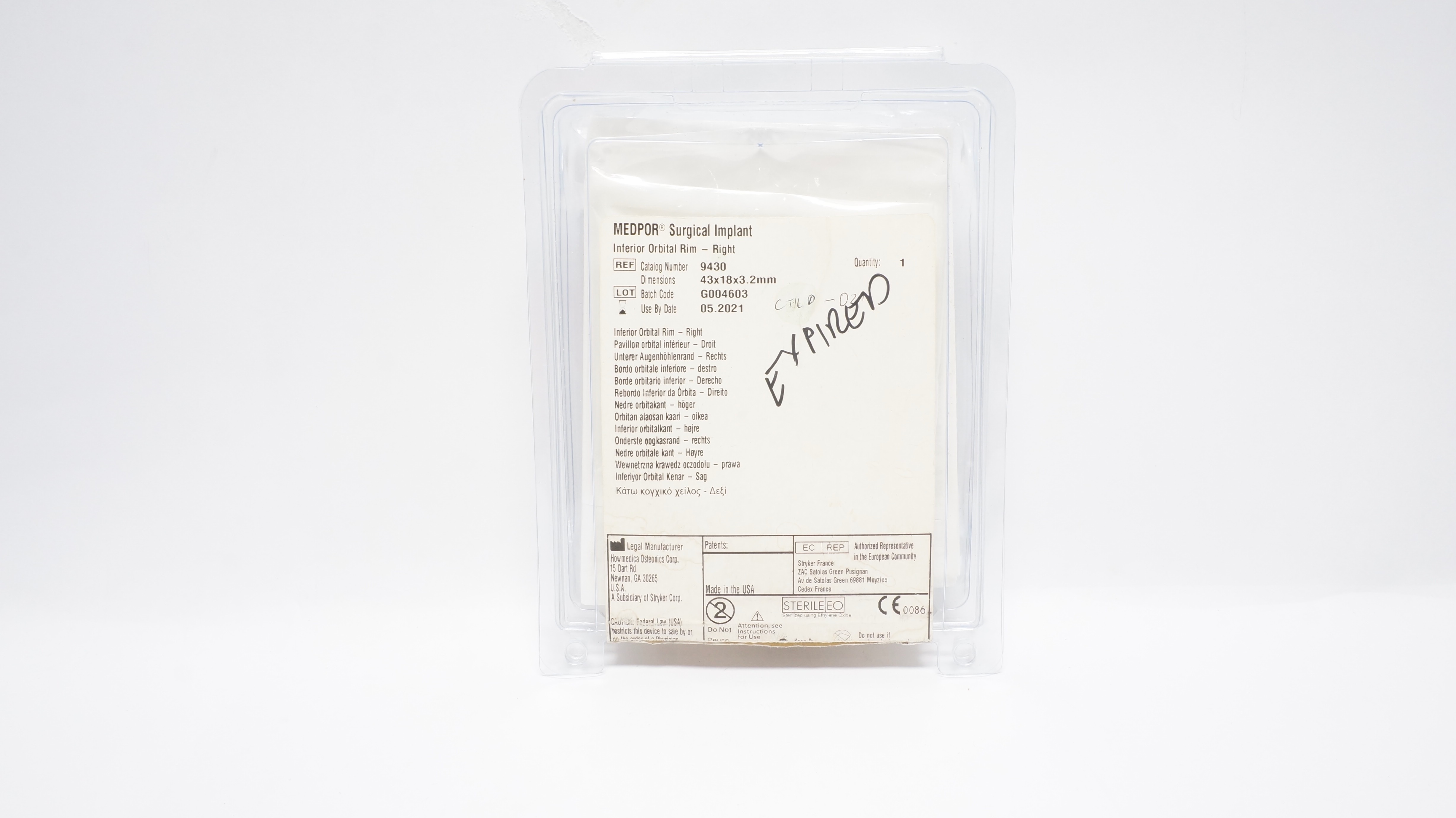 Howmedica 9430 Medpor Surgical Implant, Inferior Orbital Rim Right 43x18x3.2mm(x)