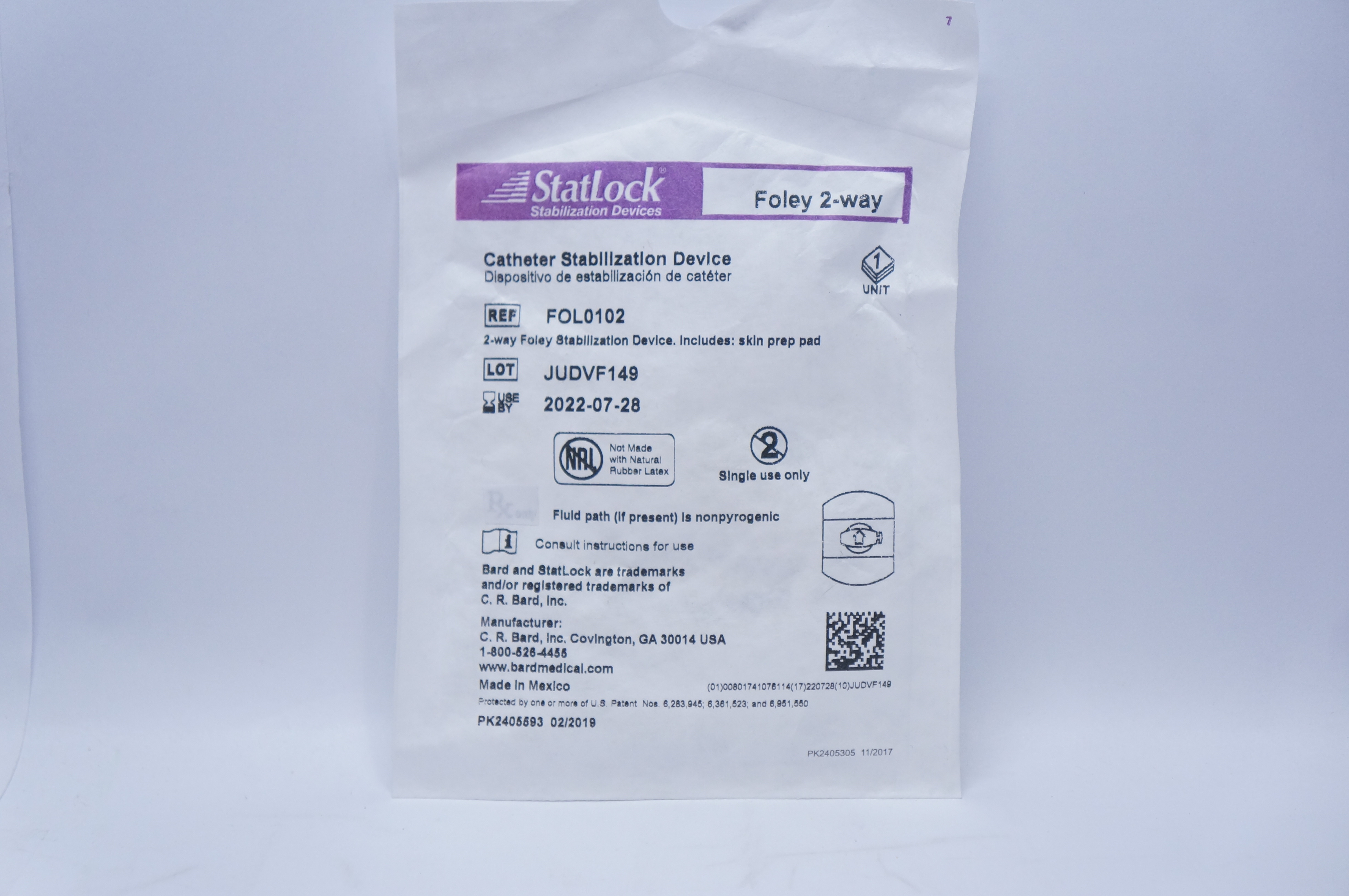 Bard FOL0102 StatLock Cath. Stabilization Device Foley 2-way