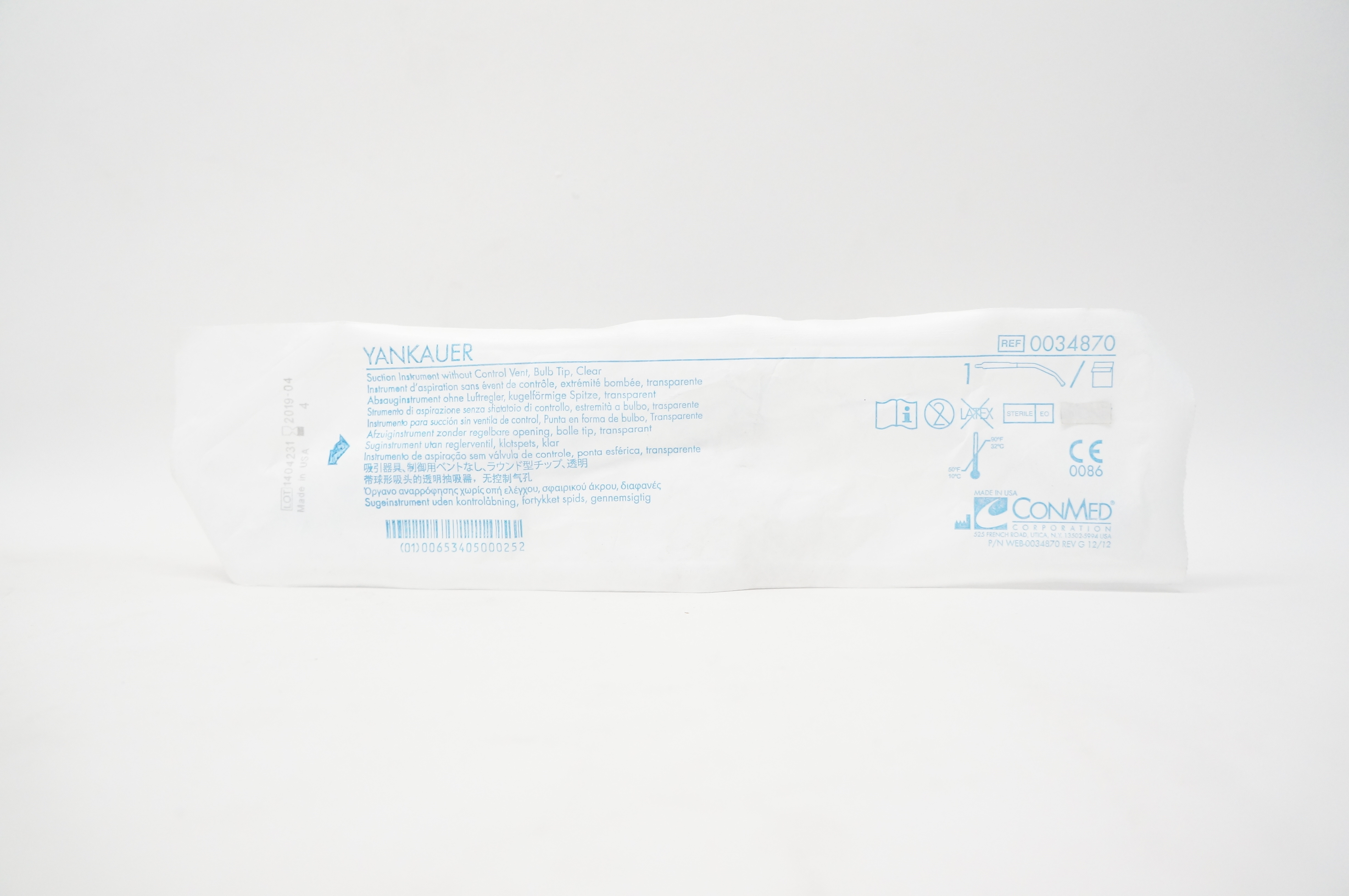 ConMed 0034870 Yankauer, Suction Instument, No Control Vent, Bulb Tip, Clear (x)
