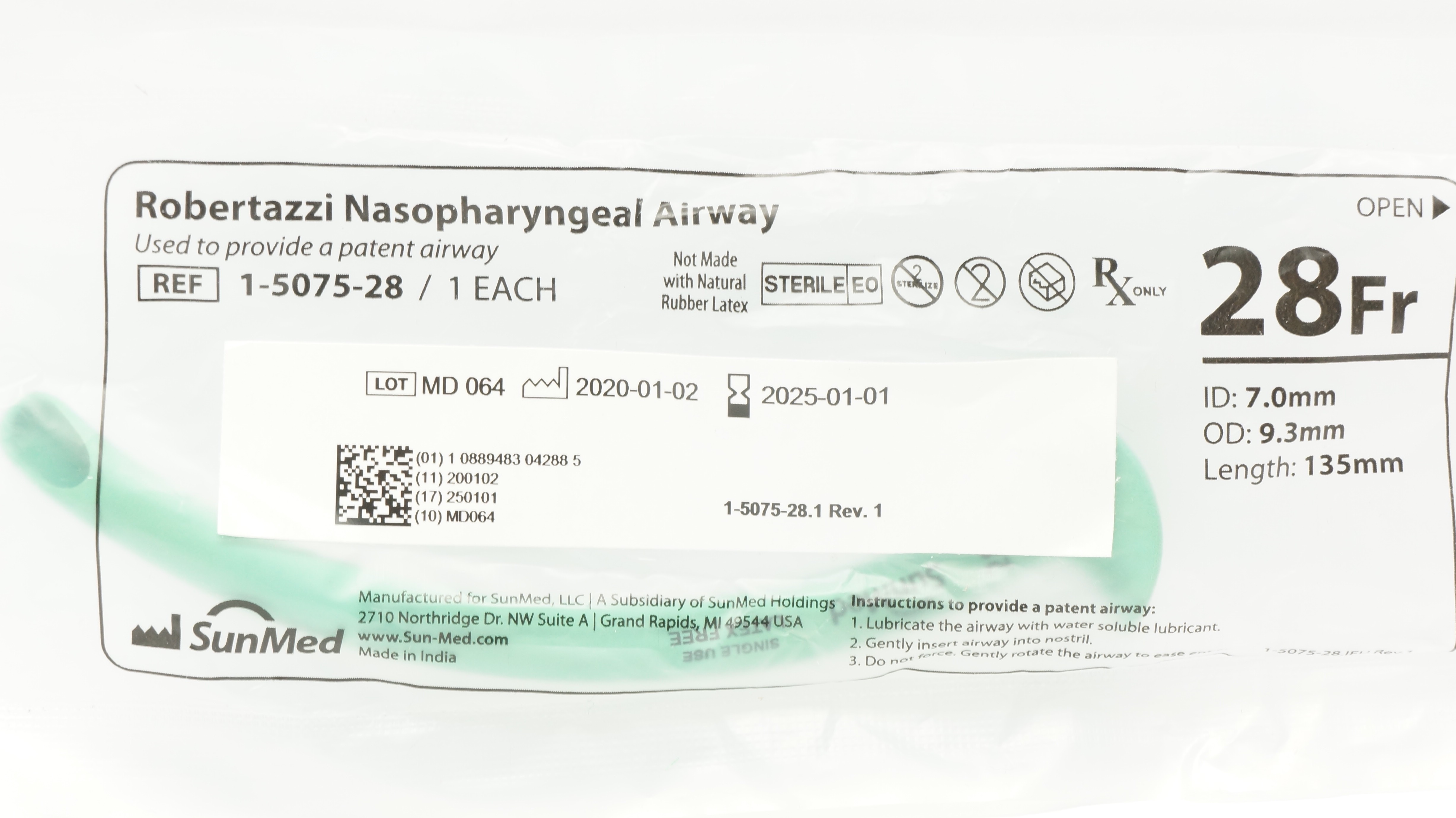 SunMed 1-5075-28 Robertazzi Nasopharyngeal Airway 28Fr 7.0ID x 9.3OD x 135mm(x)