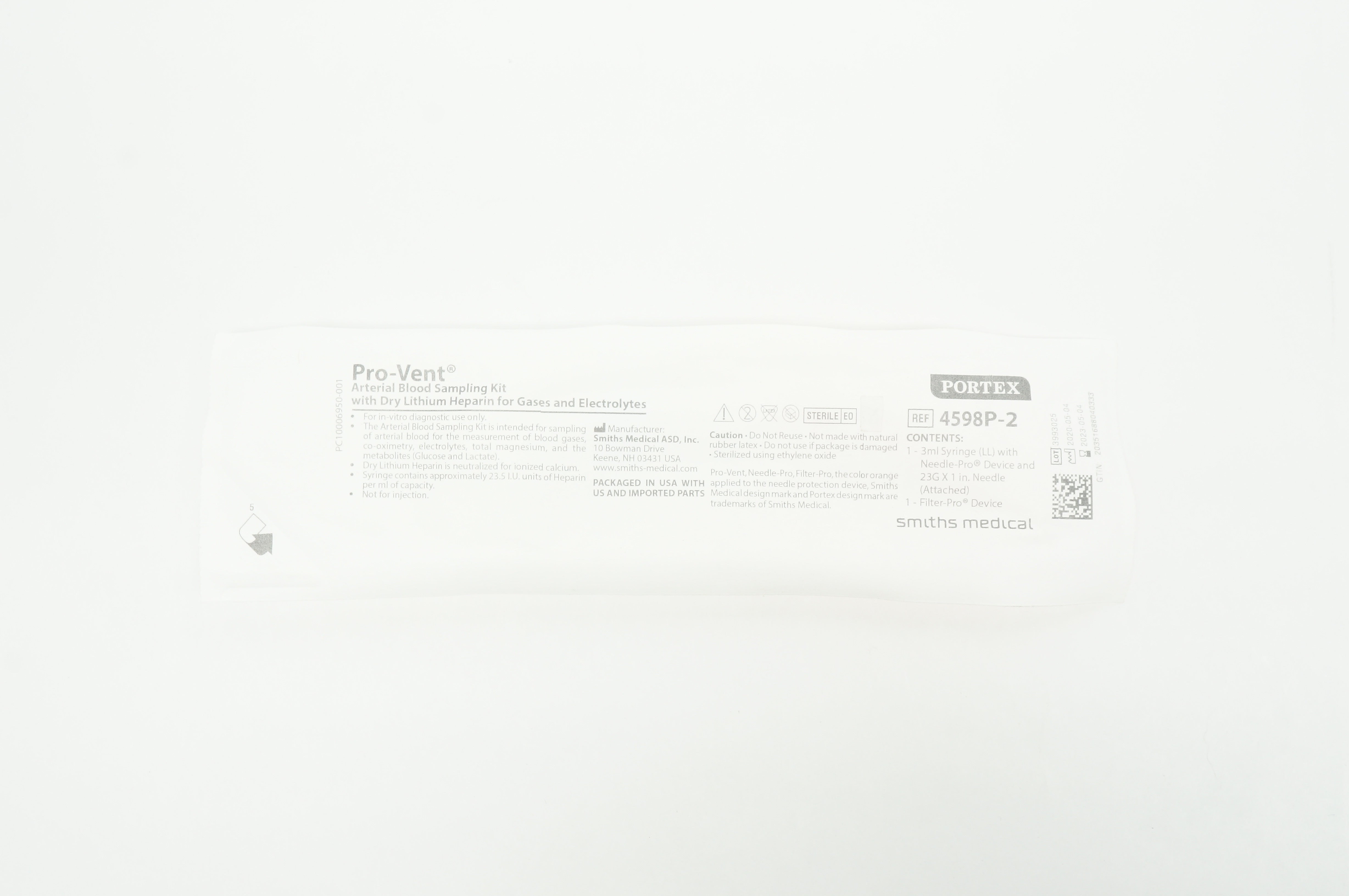 Smiths Medical 4598P-2 Pro-Vent Arterial Blood Sampling Kit