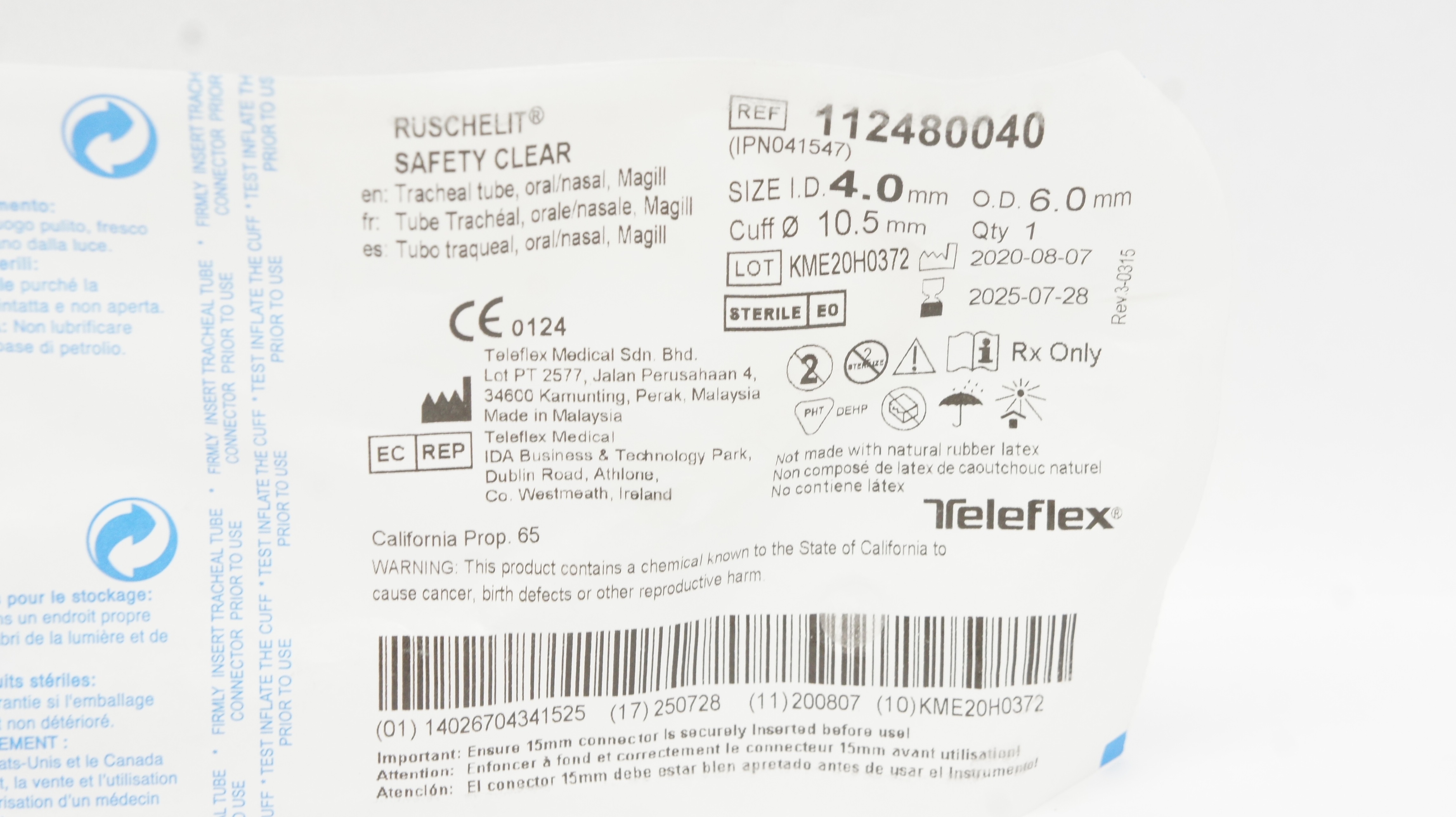 Teleflex112480040 Ruschelit Safety Clear Tracheal Tube 4.0mm ID x 6.0mm OD