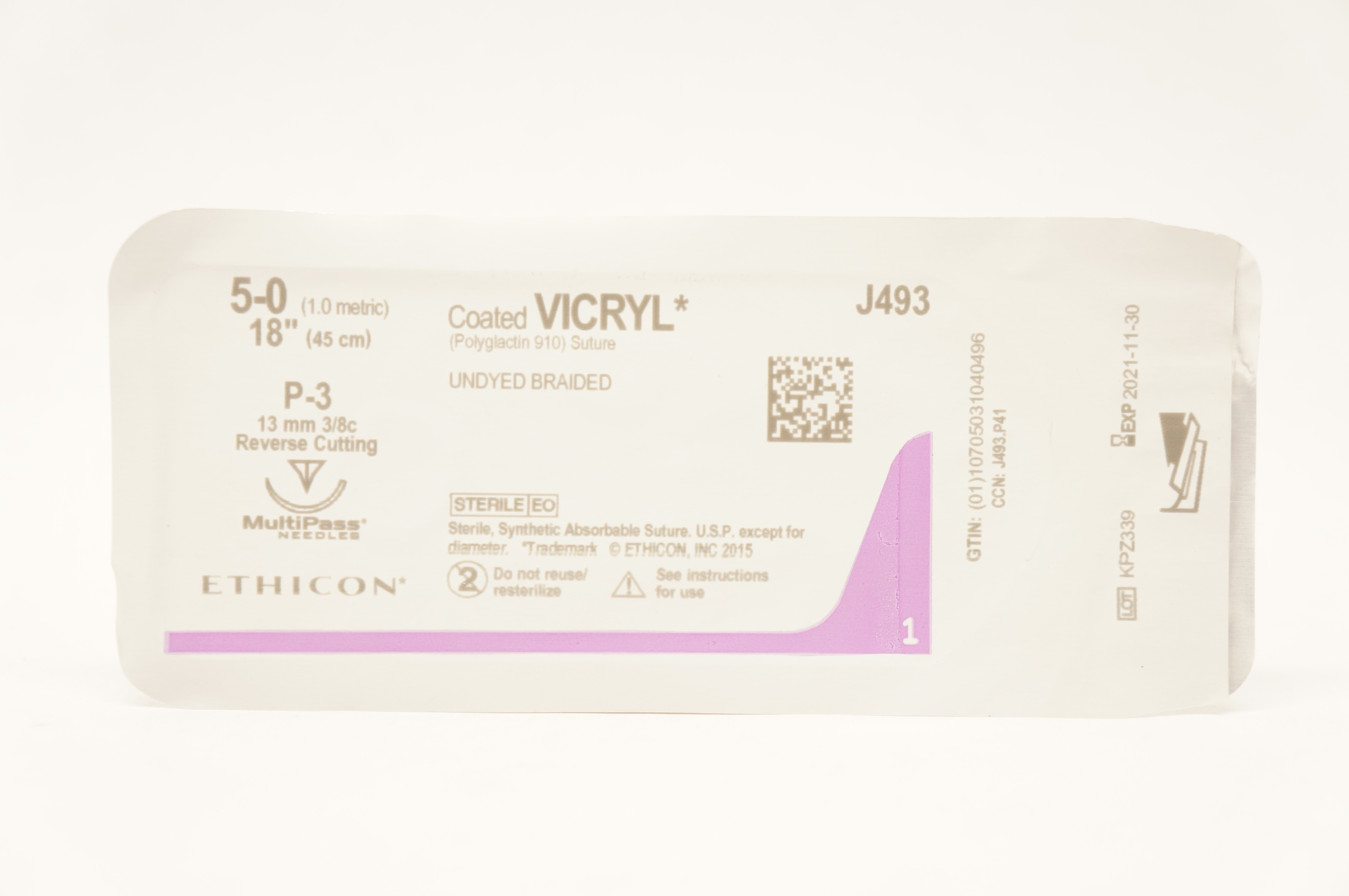 Ethicon J493 5-0 Coated VICRYL Stre P-3 13mm 3/8c Reverse Cutting, 18inch (x)