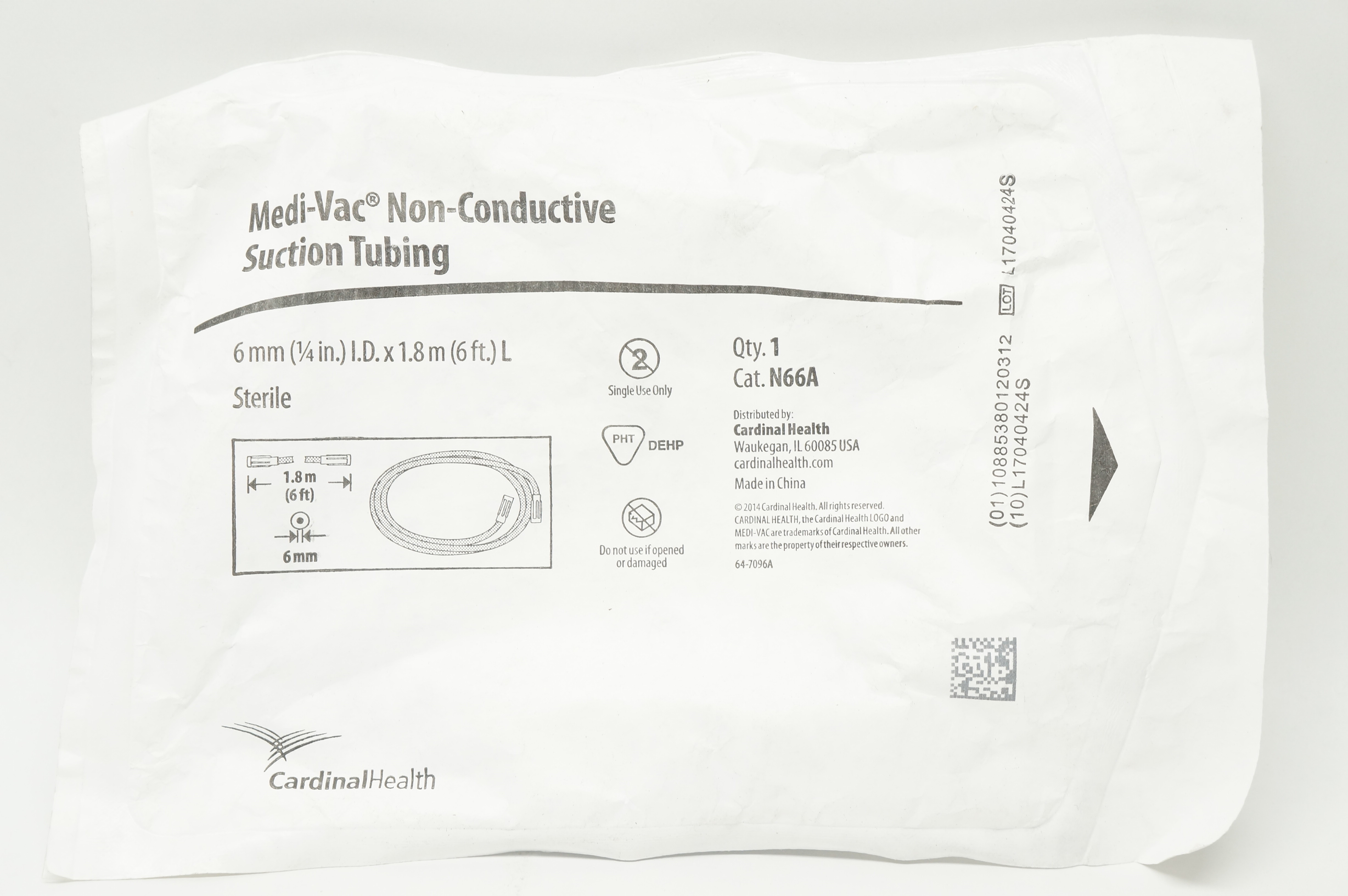 Cardinal Health N66A Medi-Vac Non-Conductive Suction Tubing 6mm x 1.8m