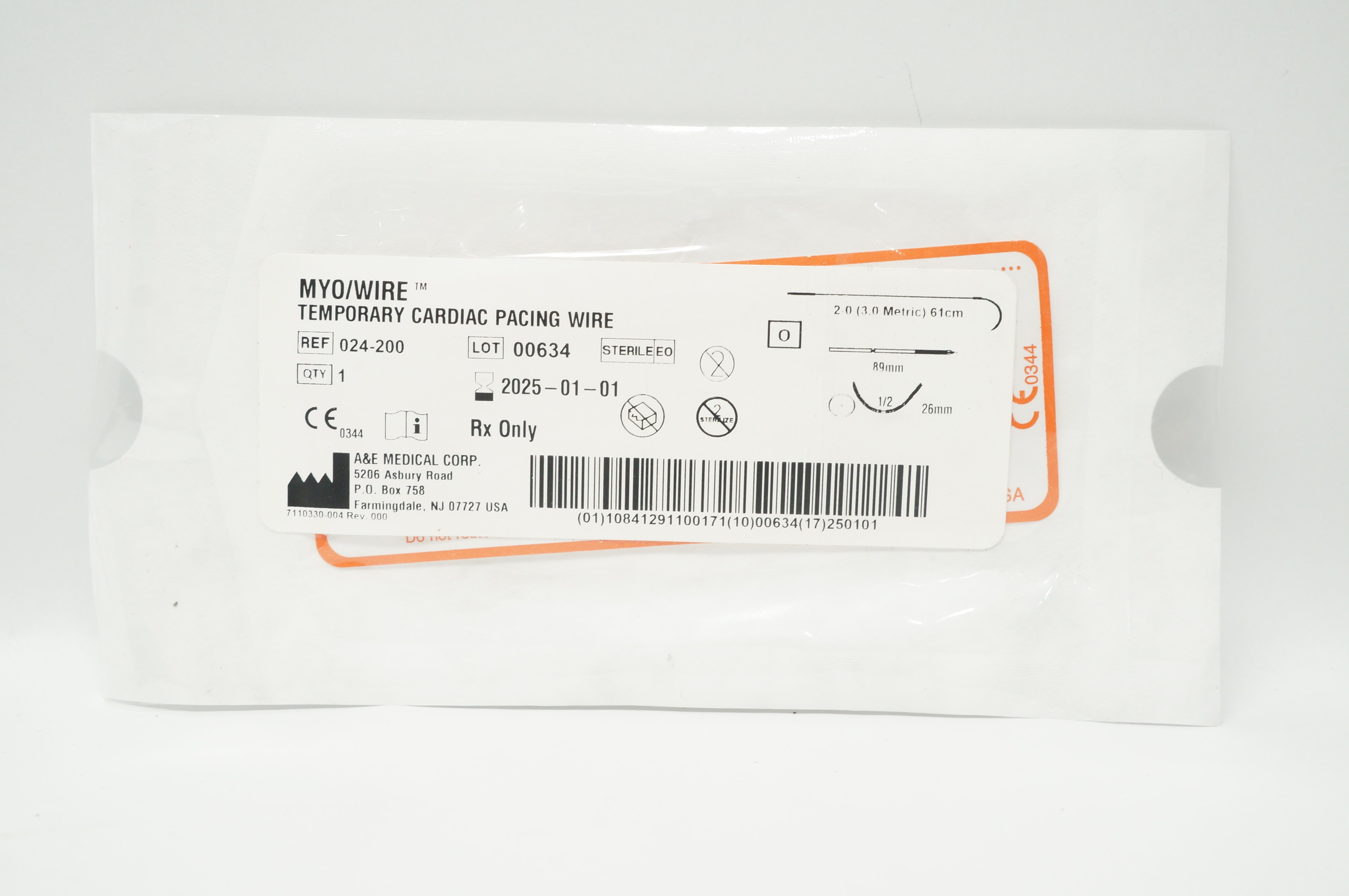 A&E Medical 024-200 2-0 MYO/Wire Temporary Cardiac Pacing Wire 1/2 26mm, 89 mm