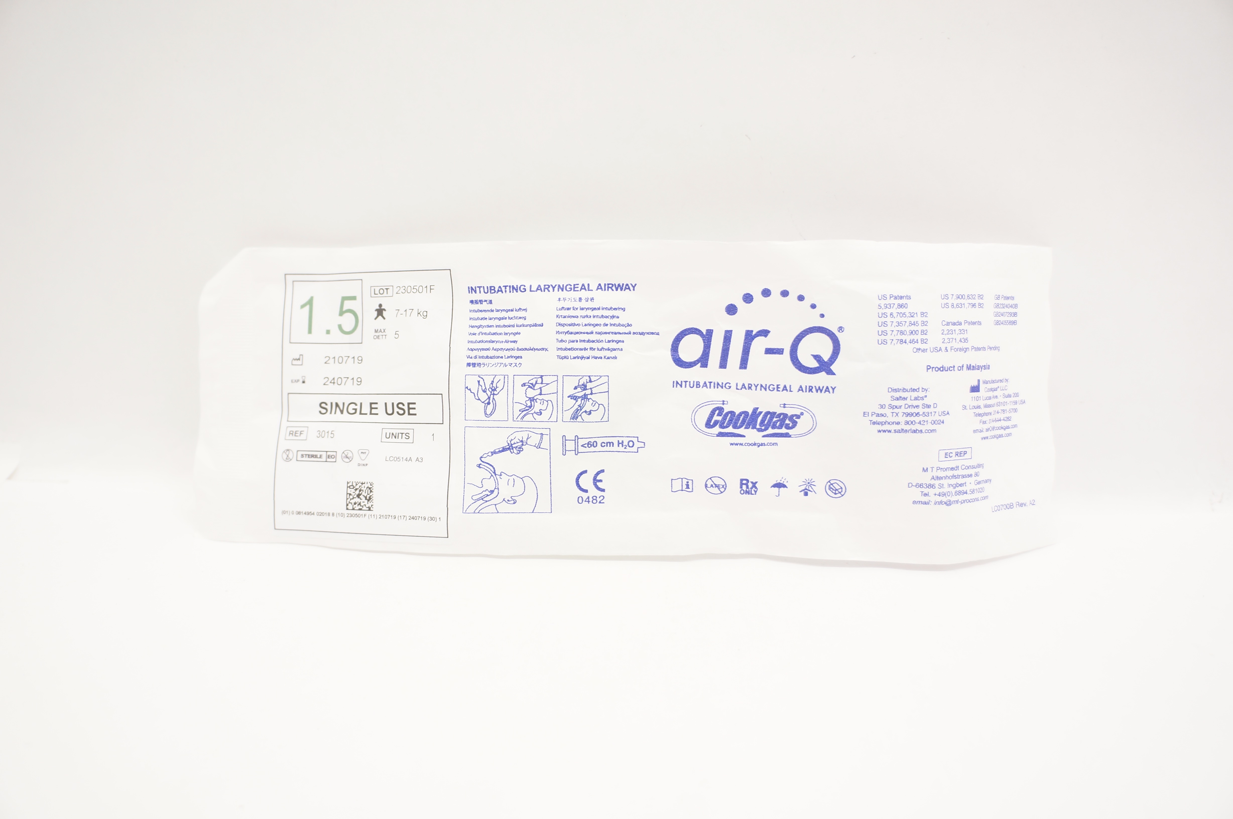 Cookgas 3015 Air-Q Intubating Laryngeal Airway Size 1.5 7-17kg