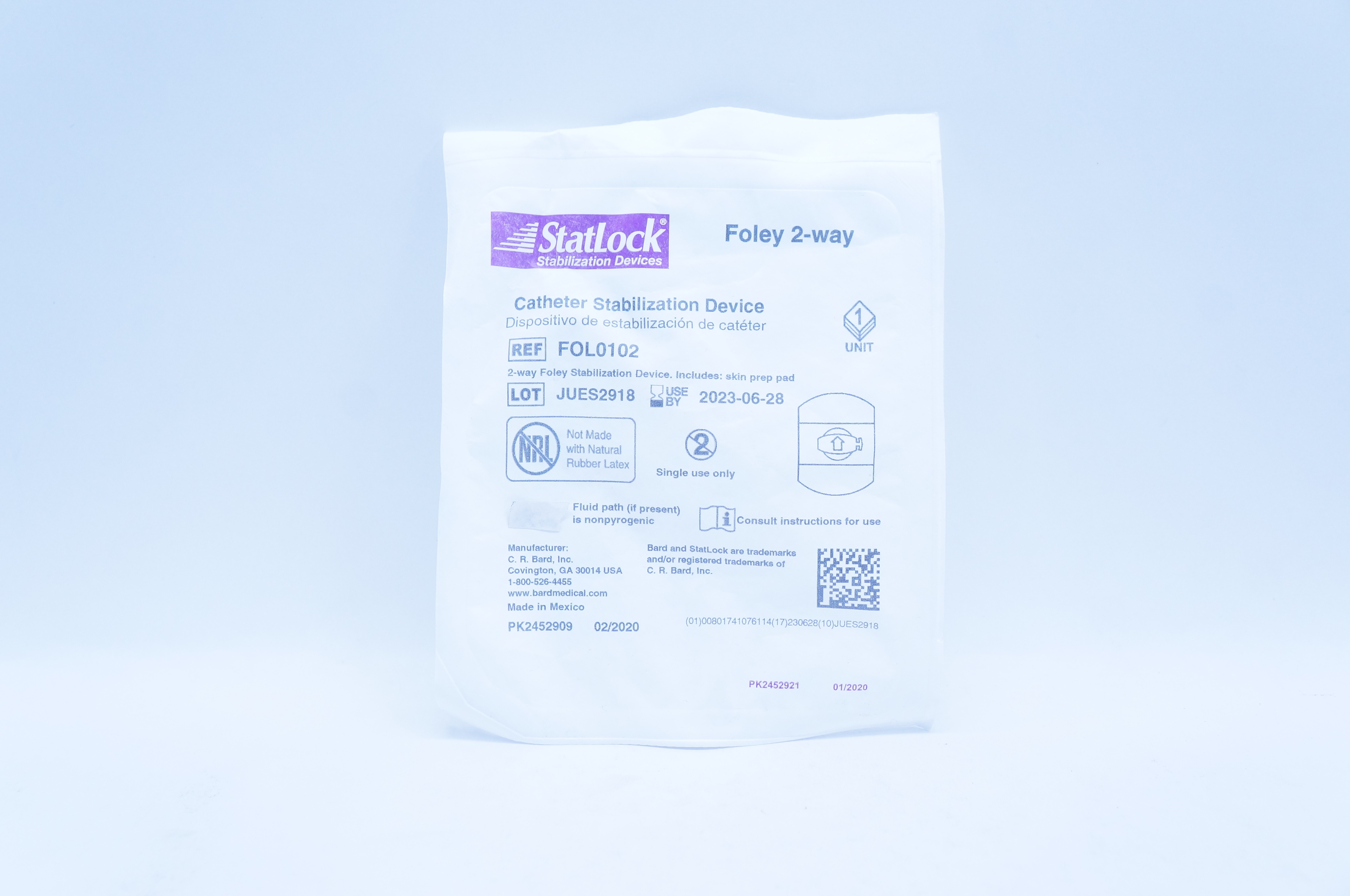 Bard FOL0102 Cath. Stabilization Device Foley 2-Way